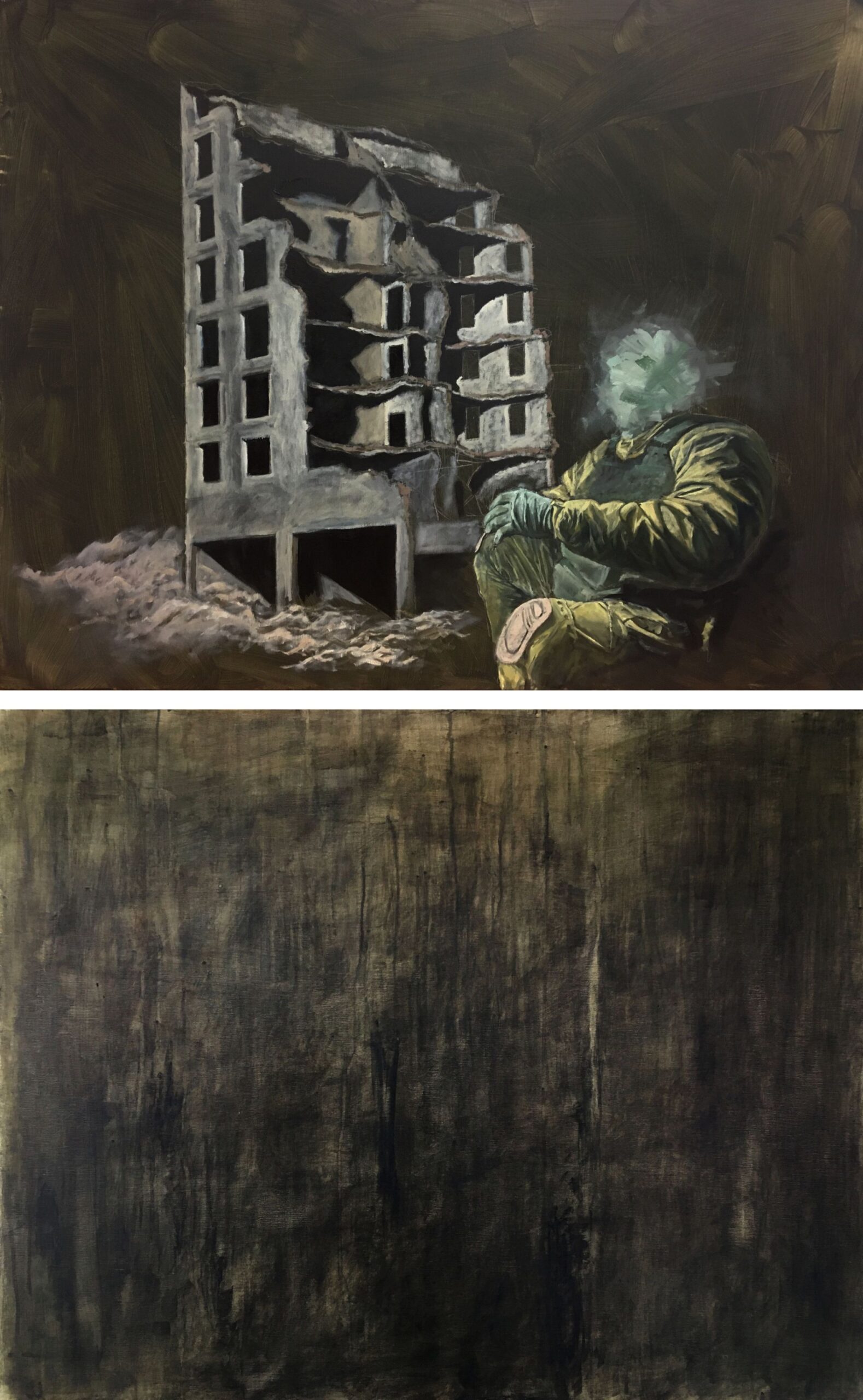Żołnierz na tle ruin. Obraz poświęcony wojnie w Ukrainie.