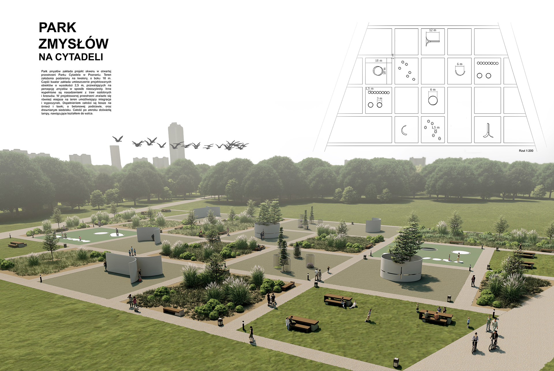 Projekt koncepcyjny Parku Zmysłów zlokalizowany na Cytadeli w Poznaniu zawierający dużą barwną wizualizację układu parku widzianego z lotu ptaka.