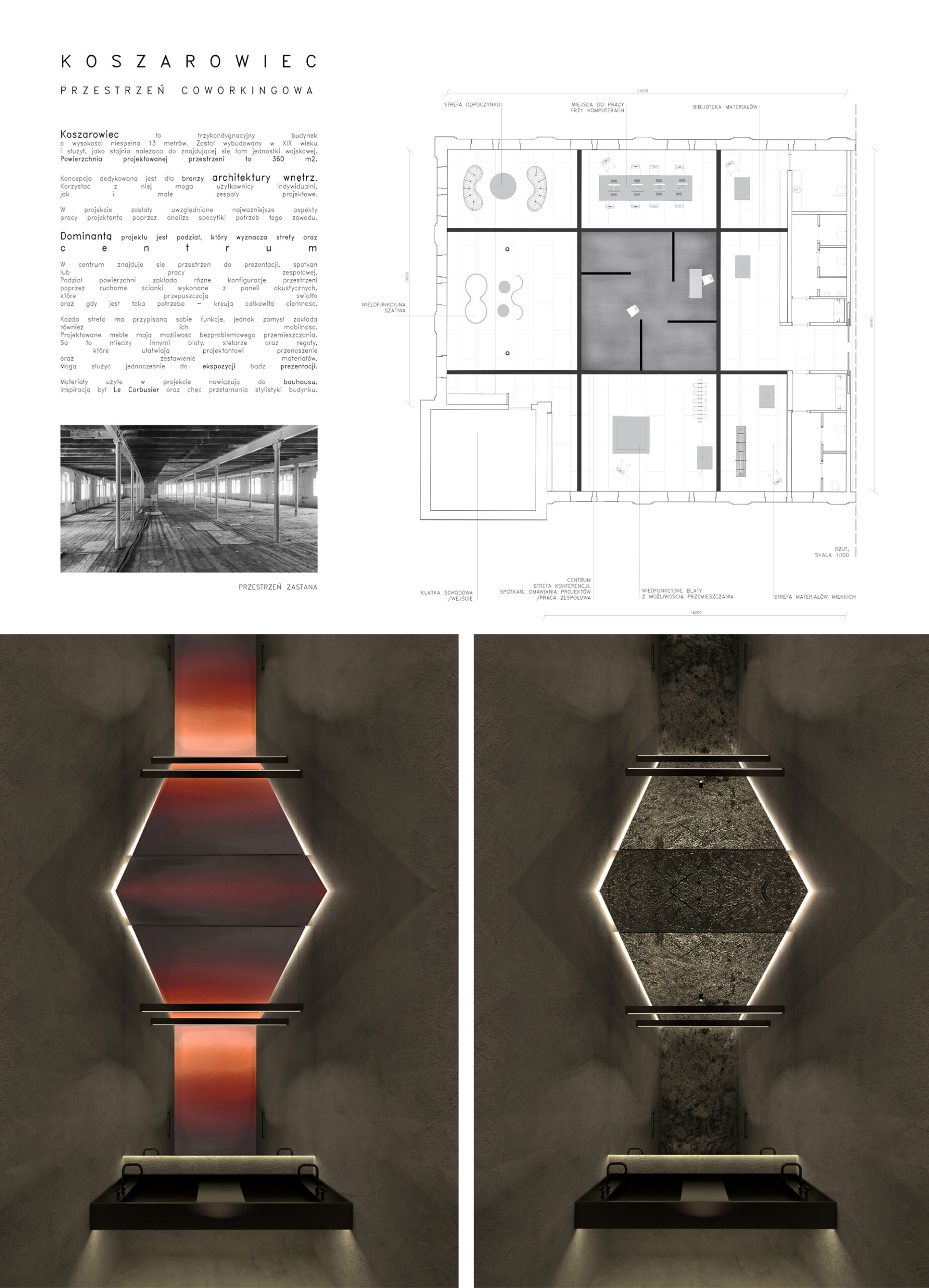 Plansza przedstawia od lewej opis projektu z czarno białym zdjęciem zastanej przestrzeni oraz rzut z układem funkcjonalnym. Poniżej znajduje się dwie wizualizacje z projektem łazienki damskiej i męskiej.