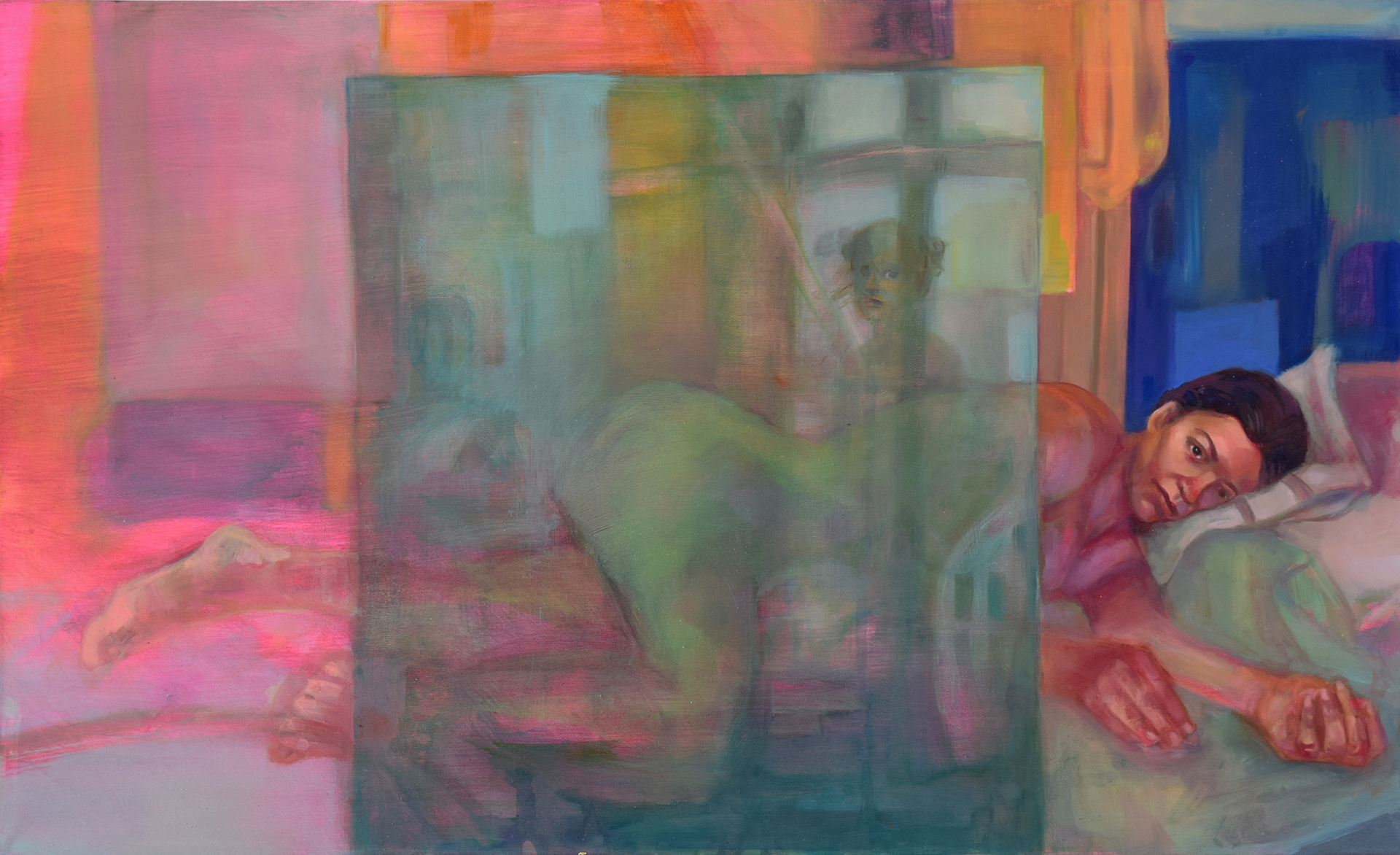 Leżąca naga kobieta, przed nią zielona szyba. W szybie odbijają się okna oraz druga postać - autorka obrazu.