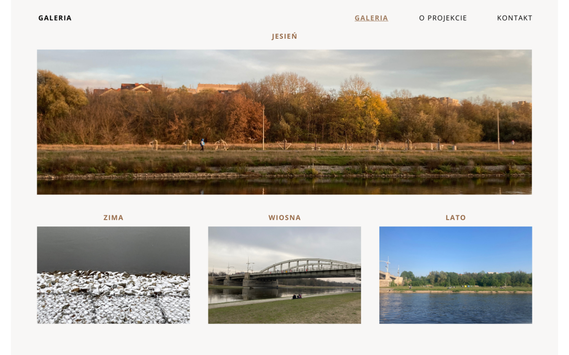 Zdjęcie strony internetowej o białym tle z galerią przedstawiającą 4 zdjęcia rzecznego pejzażu sfotografowanego o różnych porach roku.
