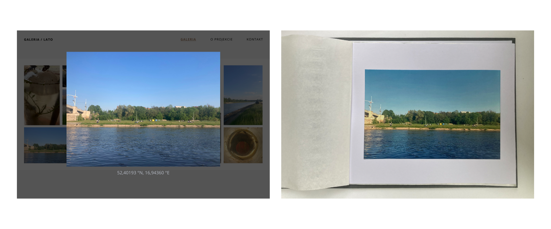 Układ dwóch zdjęć na białym tle przedstawiających tą samą fotografię w dwóch różnych sytuacjach. Zdjęcie po lewej stronie prezentuje fotografię w galerii internetowej, zdjęcie po prawej stronie przedstawia fotografię umieszczoną na białej stronie albumu fotograficznego.
