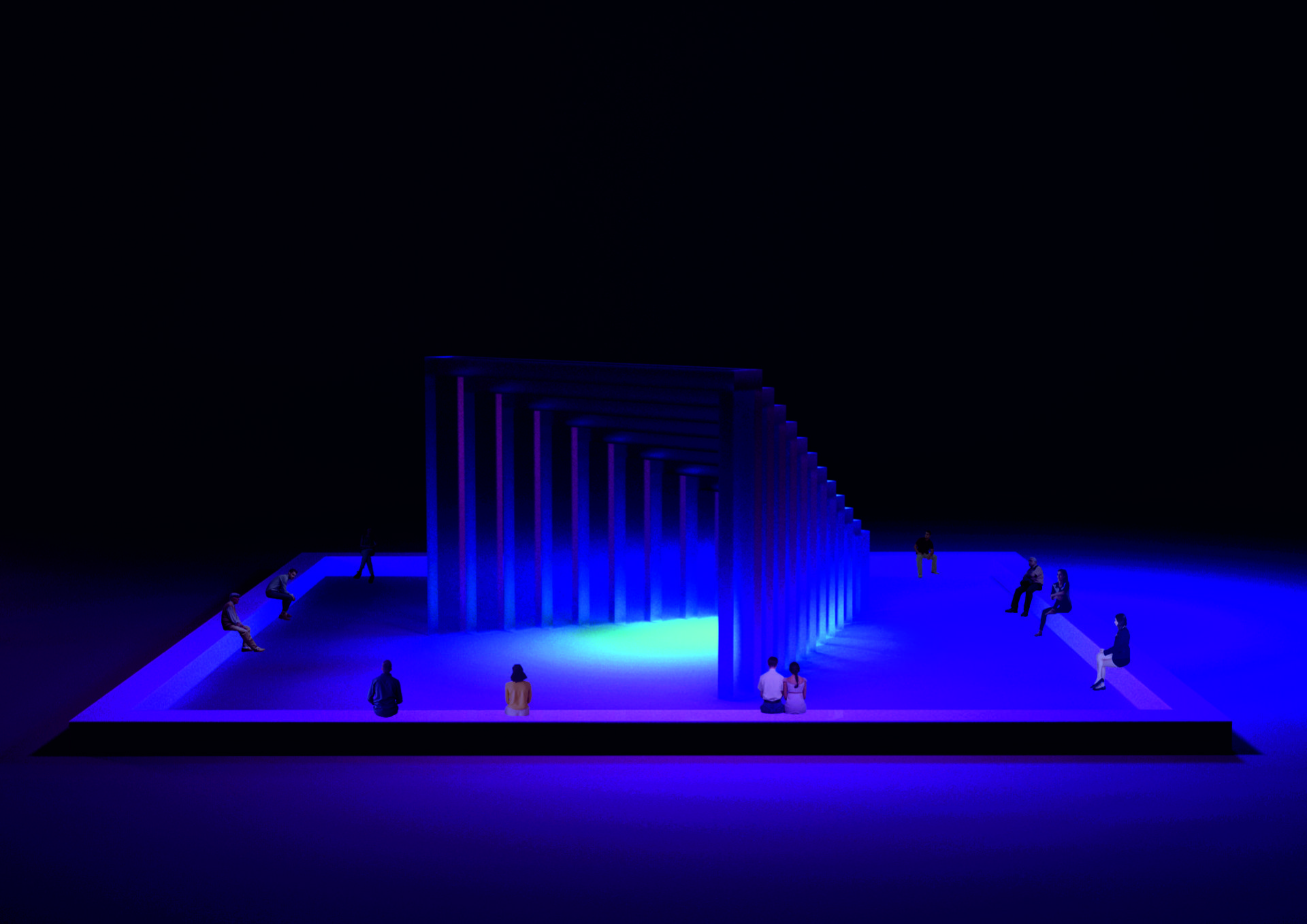 Konstrukcja z prostopadłościnów ustawionych od największego do najmniejszego, tworzy tunel na środku sceny. Niebieskie światło. Wokół sceny proste siedziska dla widowni.