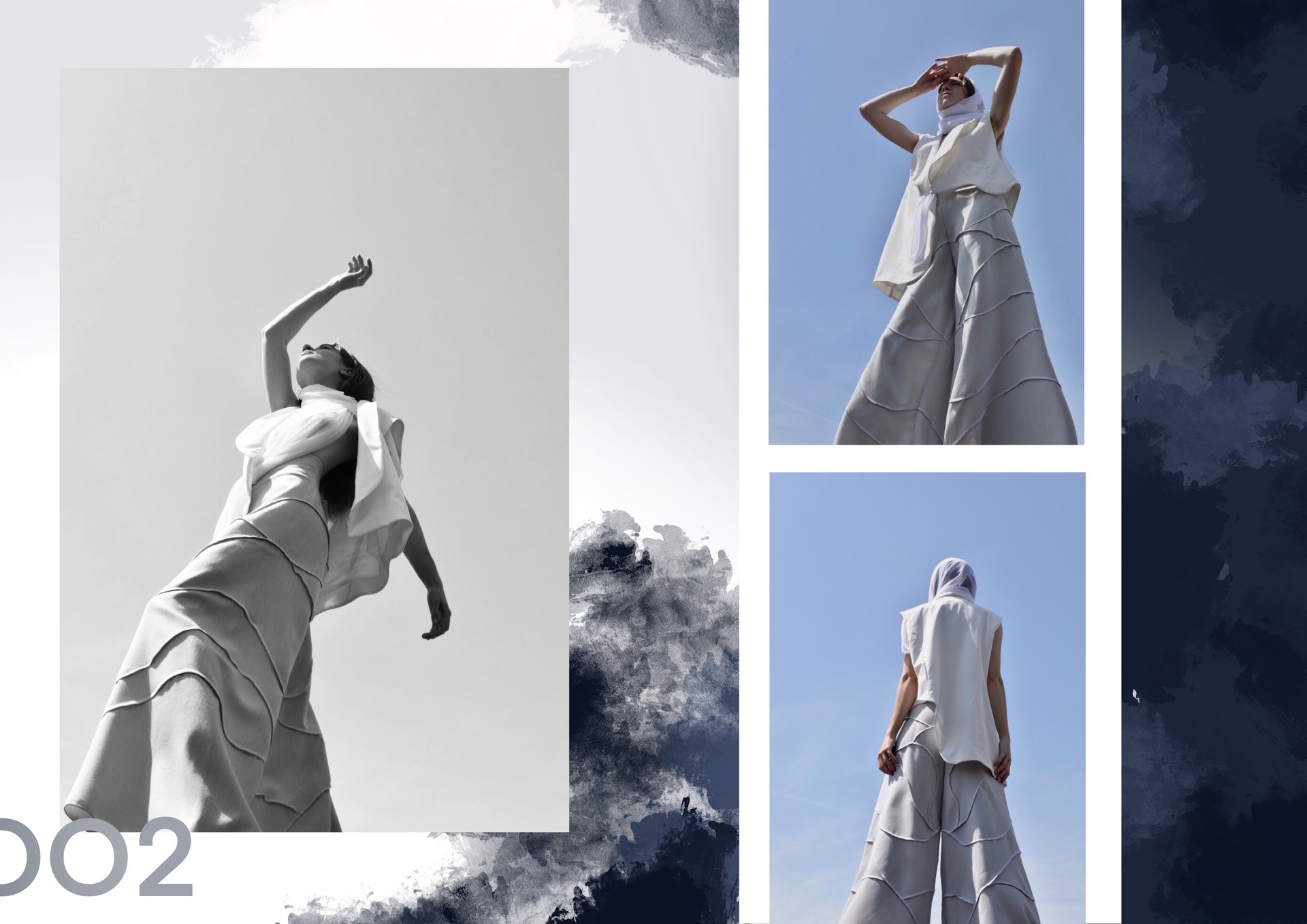 Trzy zdjęcia przedstawiające dziewczynę w szerokich, szarych spodniach i białej kamizelce na tle nieba