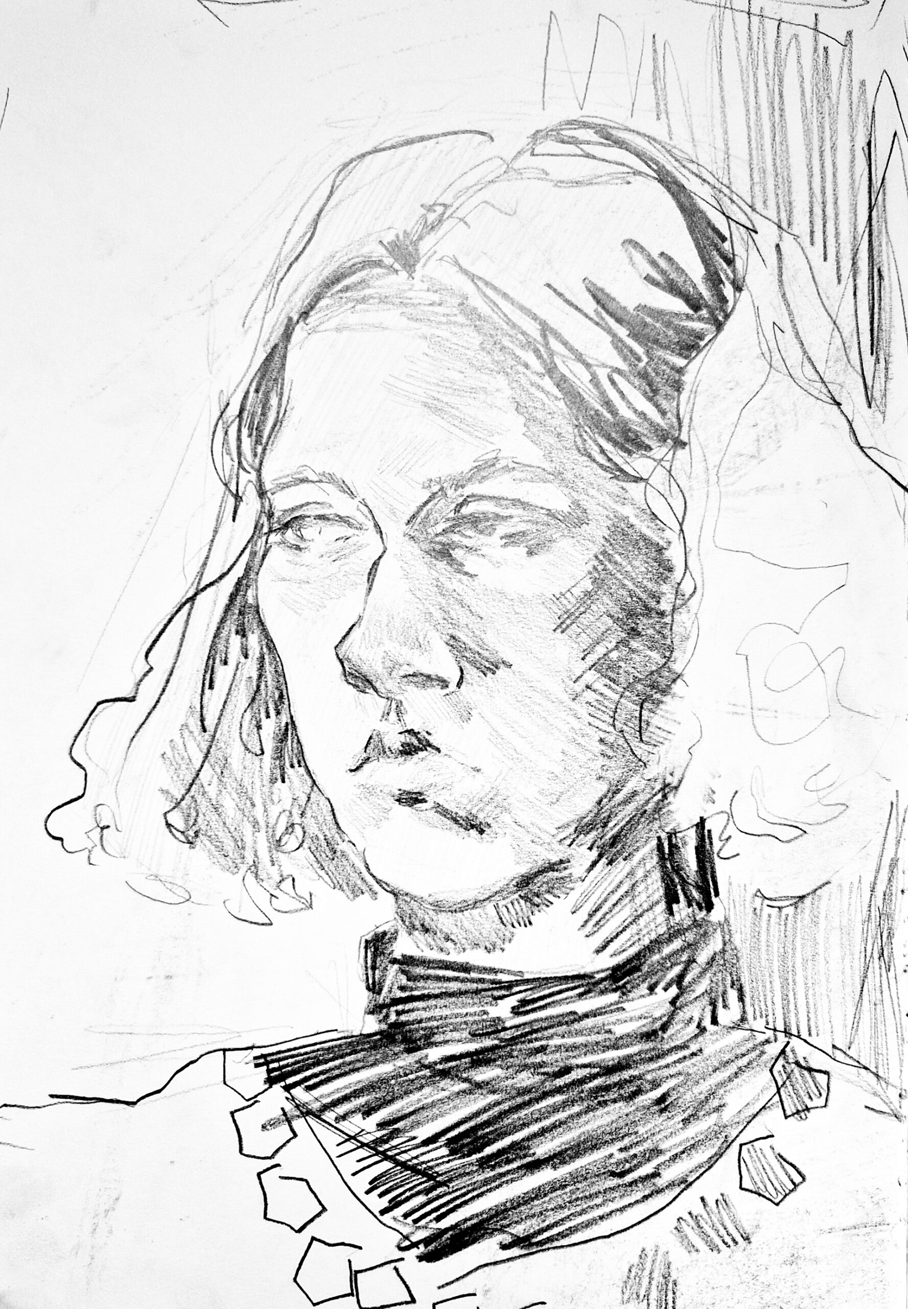 Zdjęcie przedstawia rysunkowy portret kobiety, wykonany ołówkiem na formacie papieru 21x30 cm.