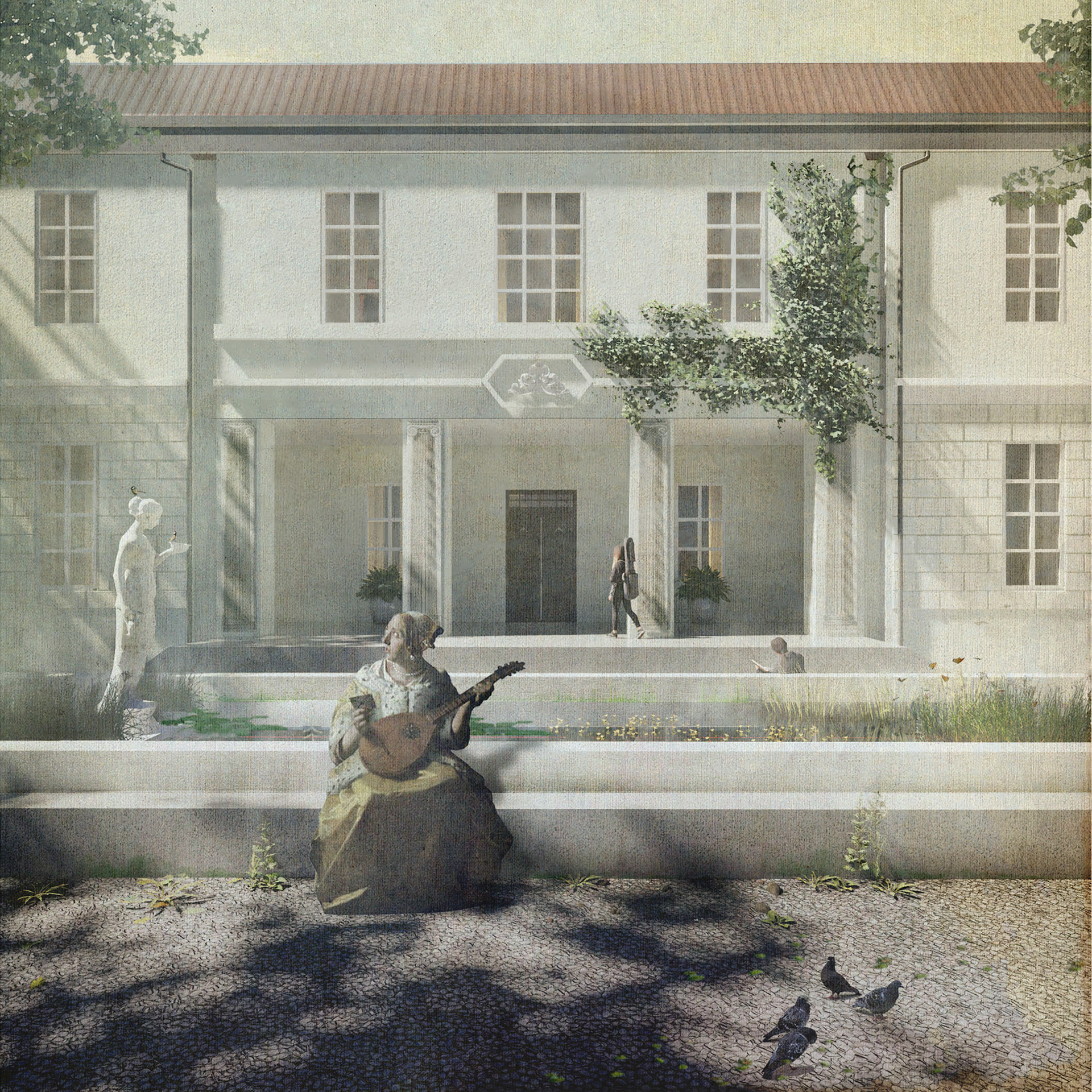 Wizualizacja Domu Kultury - Połączenie klasyki i współczesności, rendery stylizowane na stare fotografie.