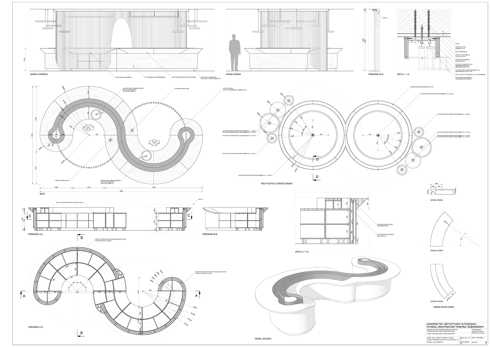 Projekt techniczny lady barowej opracowany zgodnie z zasadami rysunku projektowego zawierający informacje niezbędne do jego wykonania.