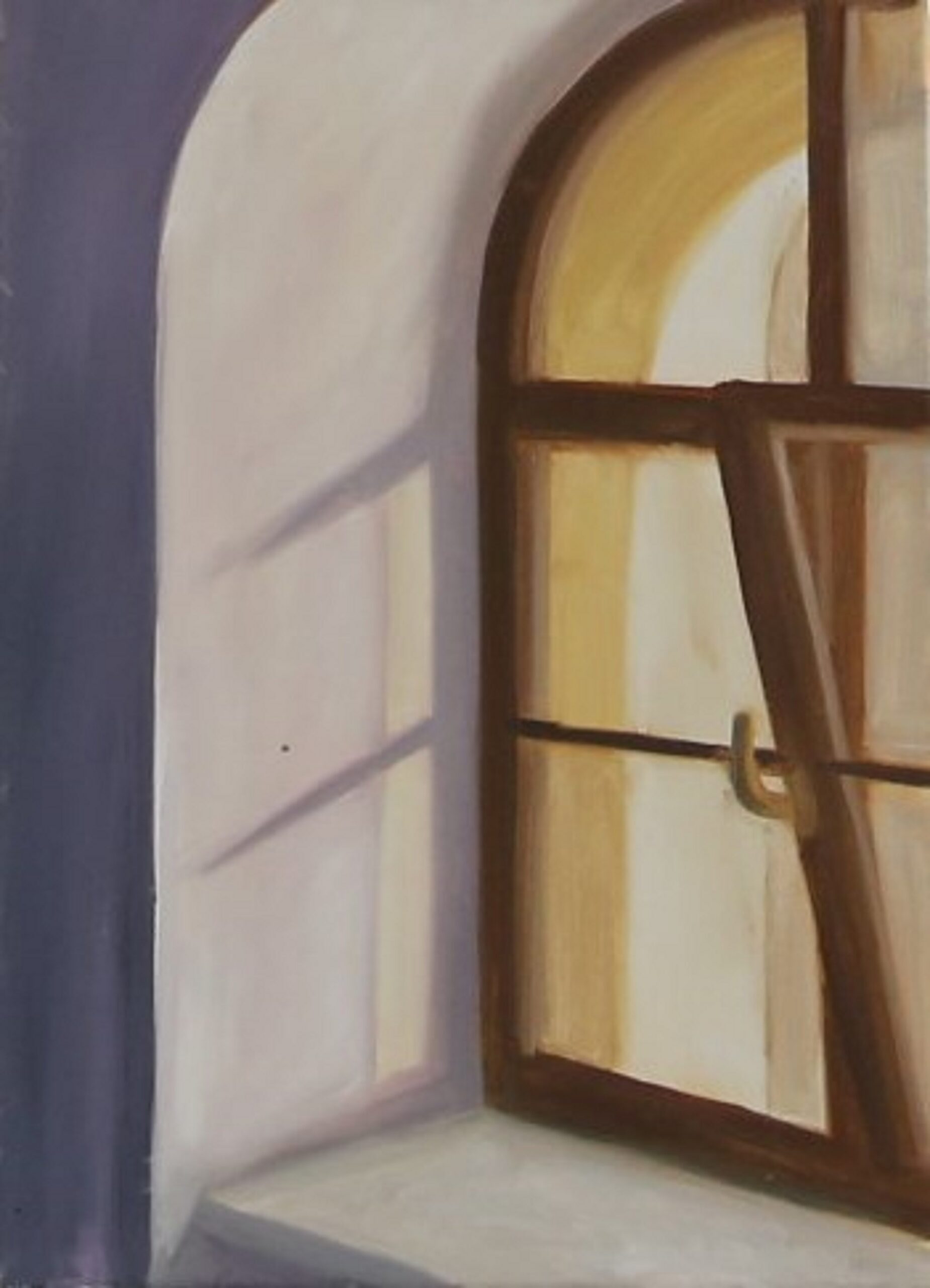 Obraz przedstawia uchylone okno z brązową framugą.
