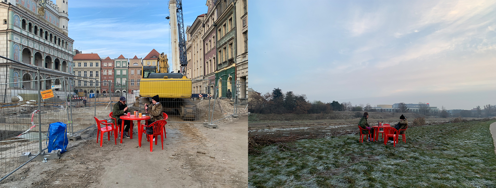 Kompozycja dwóch zdjęć. Na zdjęciach grupa 3 osób siedzi na czerwonych plastikowych krzesłach przy czerwonym stoliku, osoby piją herbatę. Zdjęcie plenerowe, teren miasta Poznania.