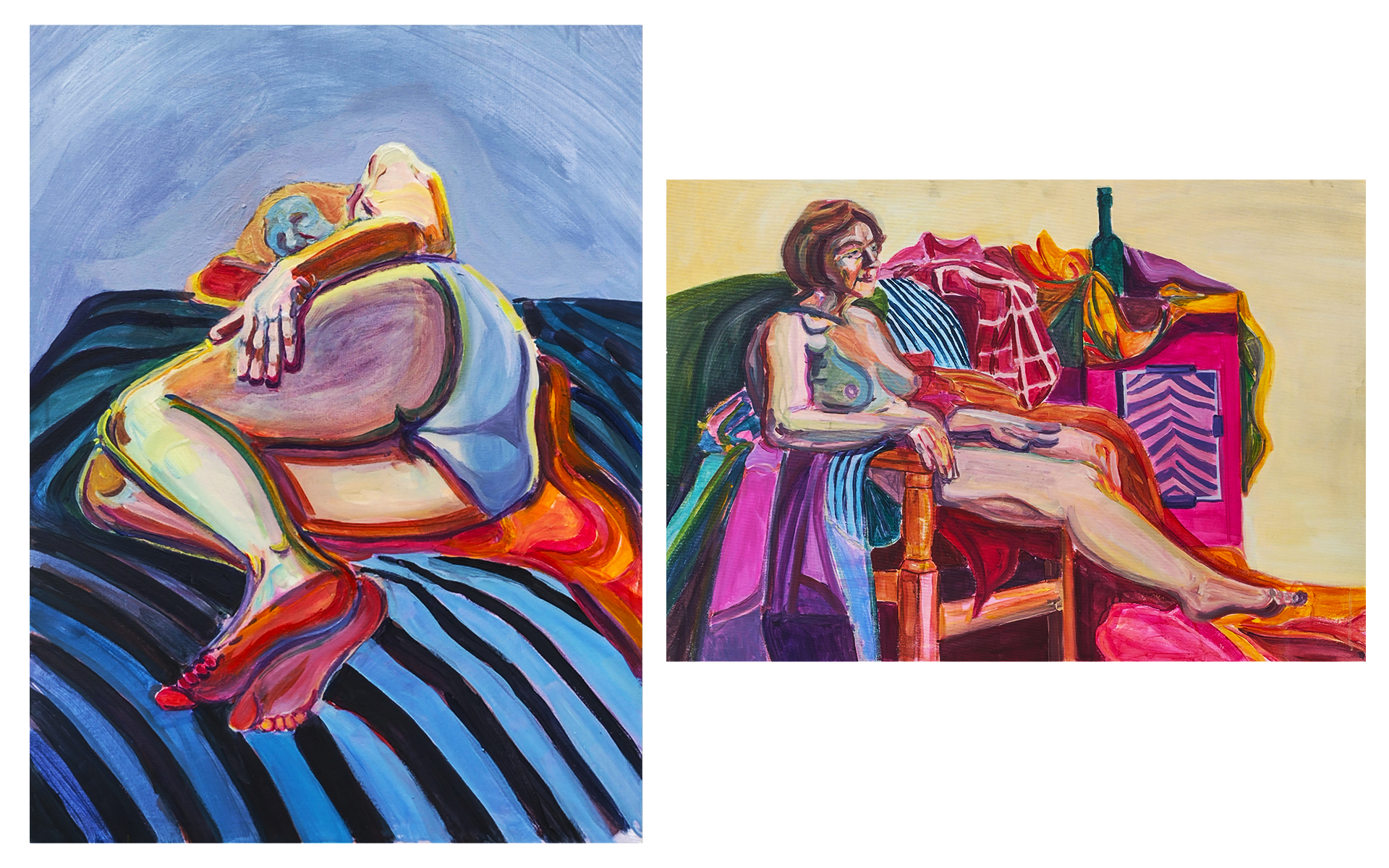 Na zdjęciu widnieją dwa obrazy z postacią kobiety. Po lewej stronie kobieta leżąca na materiale w niebieskie paski. Po prawej stronie postać siedząca w fotelu w otoczeniu kolorowej martwej natury.  