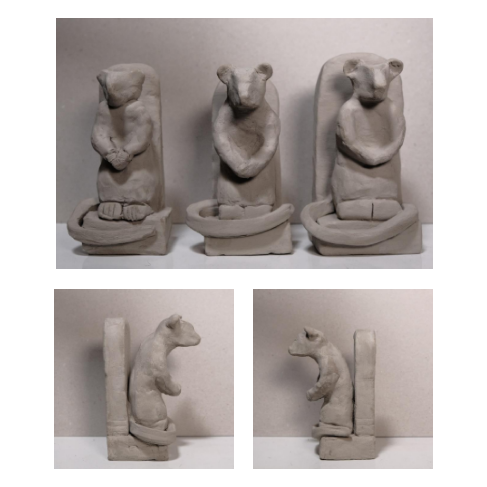 Układ 3czarno-białych zdjęć, na których widać gliniane figurki przedstawiające szczury w pozycji stojącej ze złożonymi łapkami jakby do modlitwy.