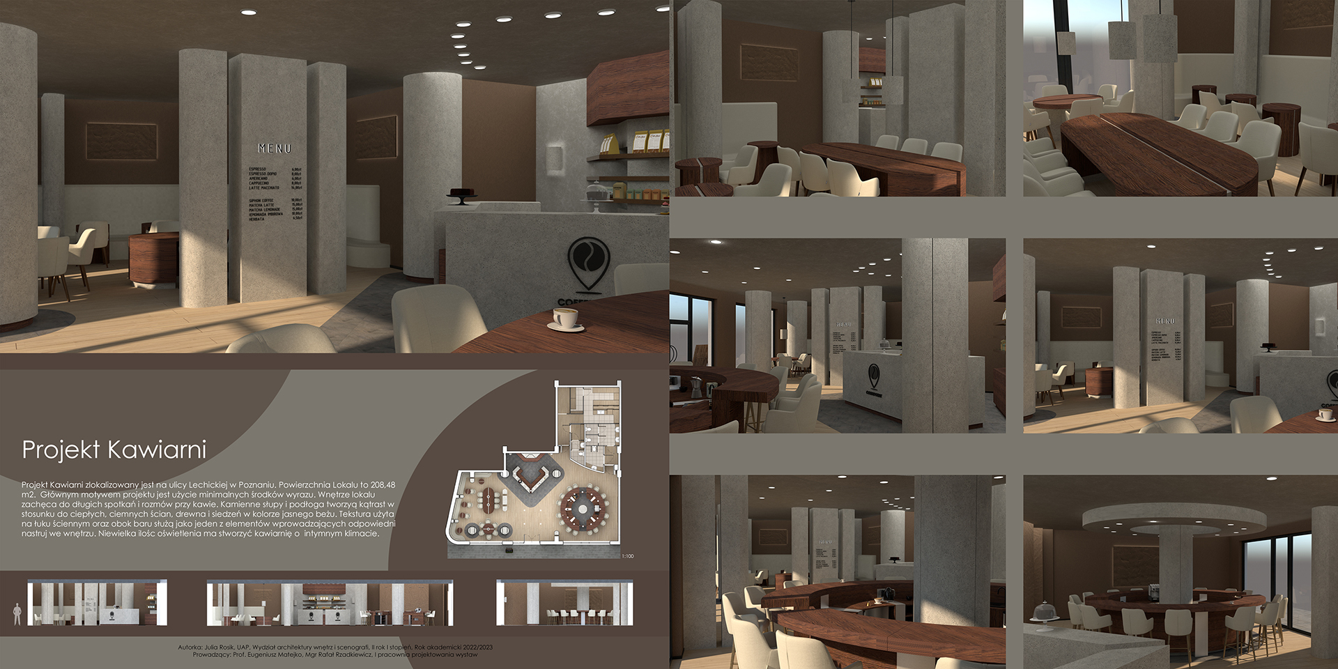 07. Plansza prezentuje projekt kawiarni. Pozioma kompozycja planszy podzielona na dwie części. Po lewej widzimy jedną wizualizację wraz z opisem projektu. Po prawej przedstawione są różne ujęcia kawiarni z widokiem na bar, stoliki. 