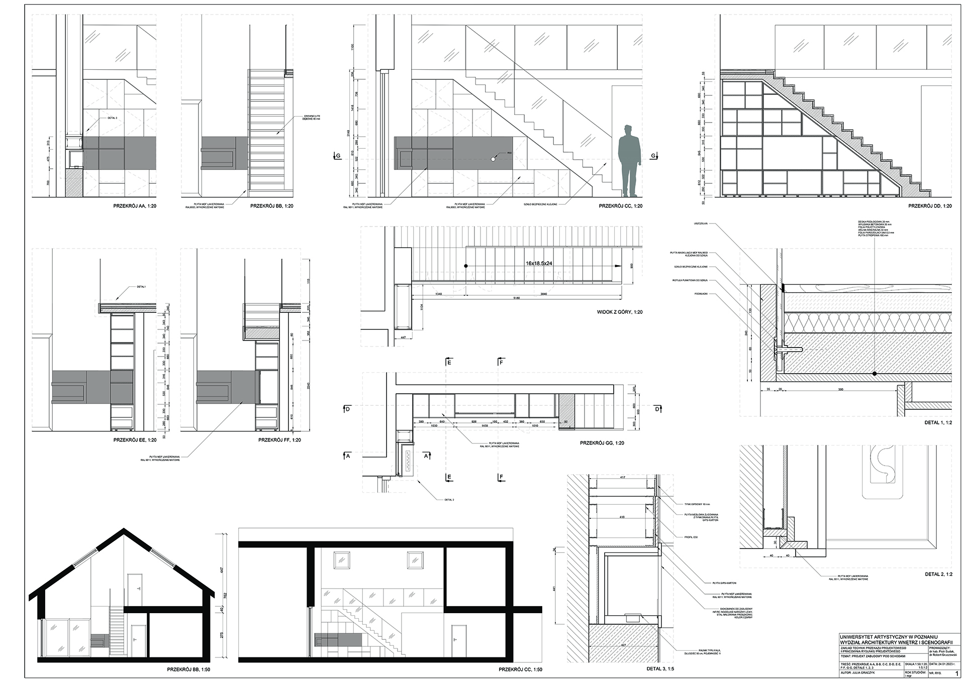Projekt techniczny schodów z zabudową meblową opracowany zgodnie z zasadami rysunku projektowego zawierający informacje niezbędne do jego wykonania.
