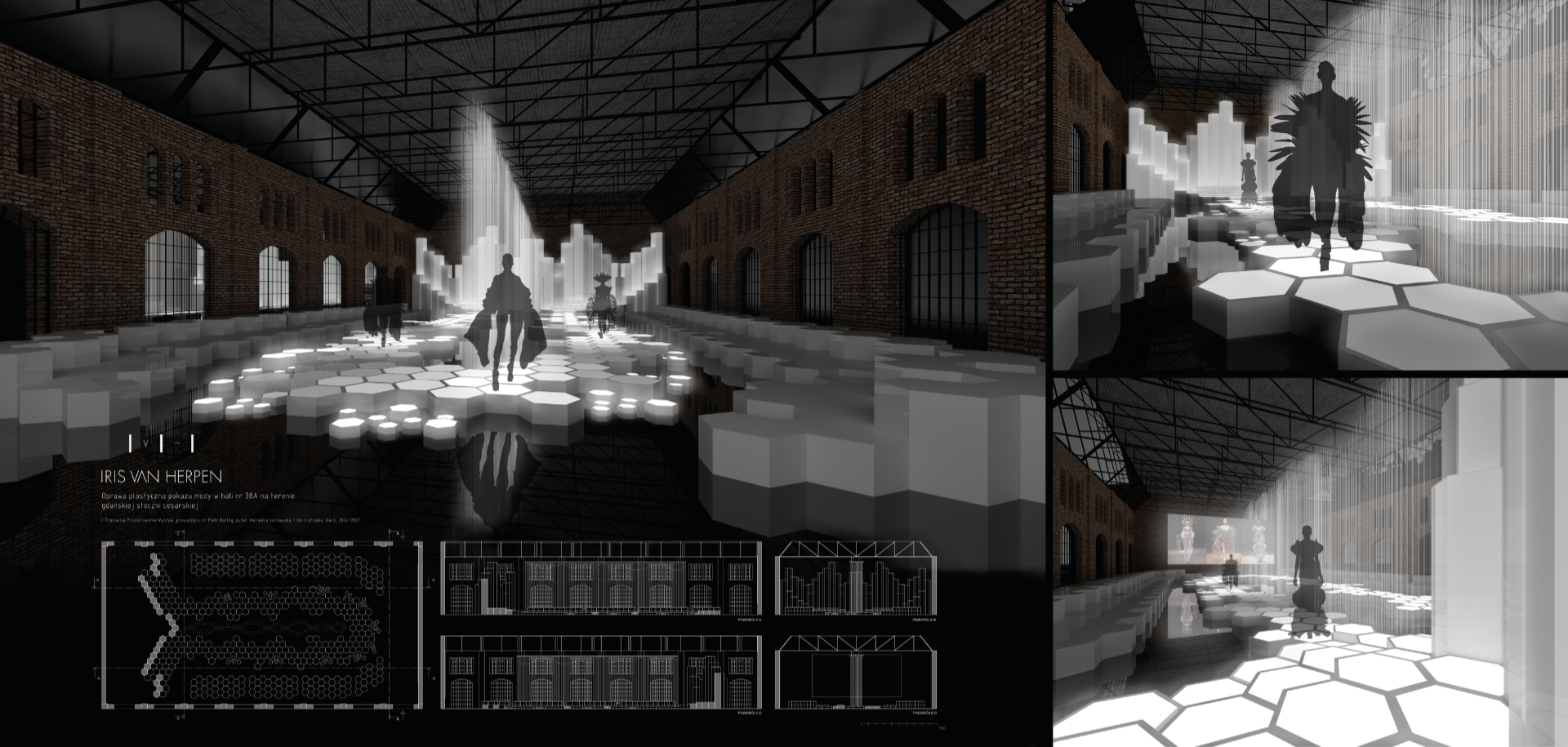 Projekt koncepcyjny oprawy plastycznej pokazu mody Iris van Herpen, zawierający komputerowe wizualizacje barwnych widoków perspektywicznych, ukazujących przestrzeń ekspozycji z punktu widzenia gościa, uczestnika oraz rzut.