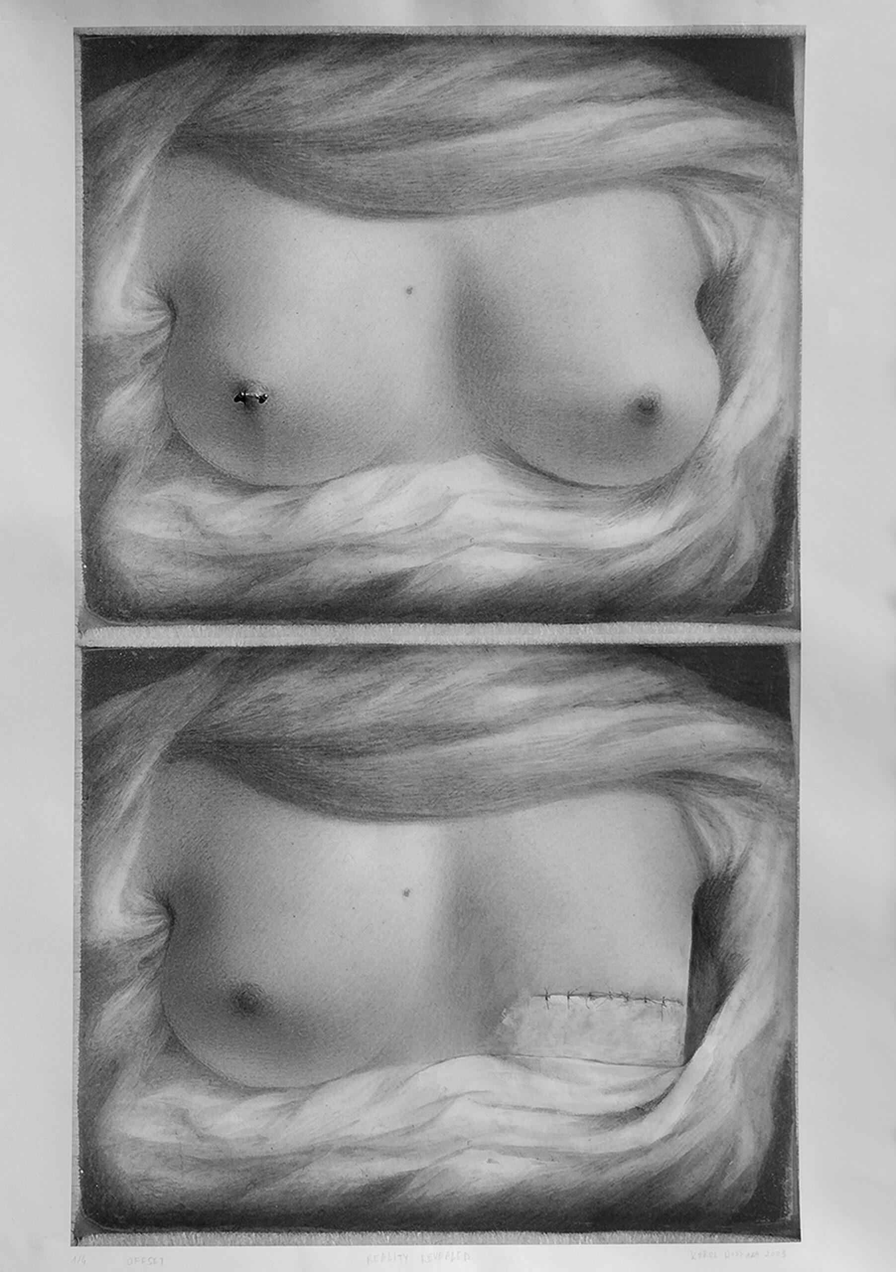Obraz przedstawia dwie kopie namalowanego torsu kobiety z nagimi piersiami. W górnej kopii dodany jest kolczyk w sutku, w dolnej kopii jedną pierś zastępują szwy. Obraz jest czarno biały