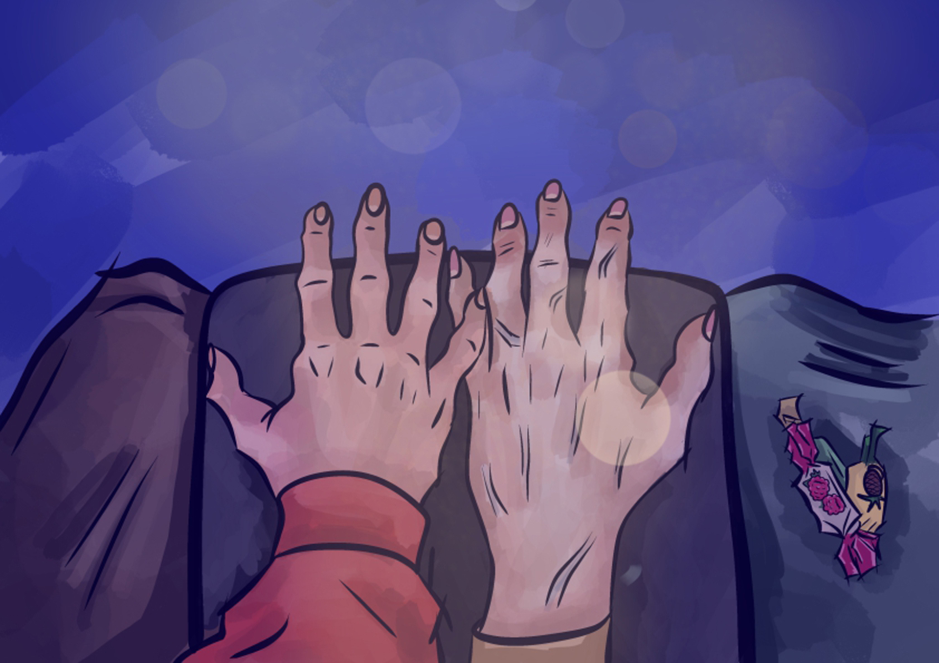Zofia Balbierz, Słodko-gorzkie. Grafika przedstawia dłonie kobiety i mężczyzny, które dotykają się najmniejszymi palcami. Światło bijące z ekranu oświetla ich dłonie.