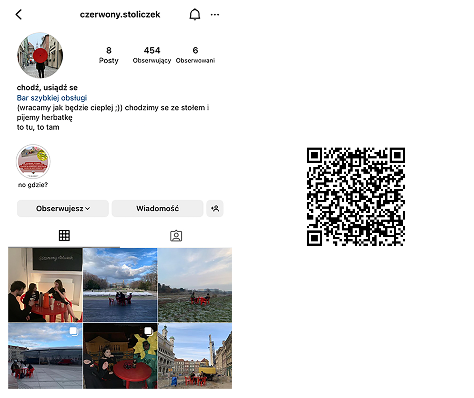 Screenshot z platformy instagram Czerwony stoliczek, obok zamieszczony kod QR przenoszący do instagrama. 