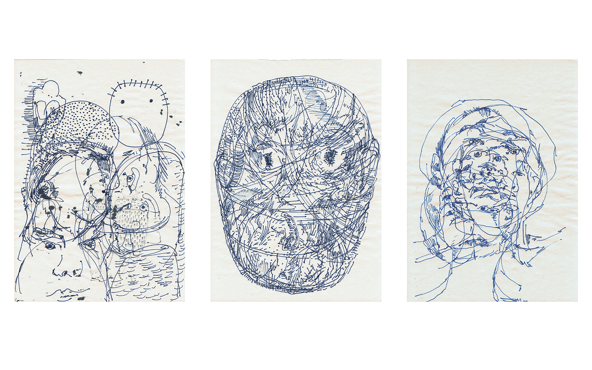 Dokumentacja 3 grafik wykonanych niebieskim tuszem. Każda z nich prezentuje różne ujęcia twarzy.