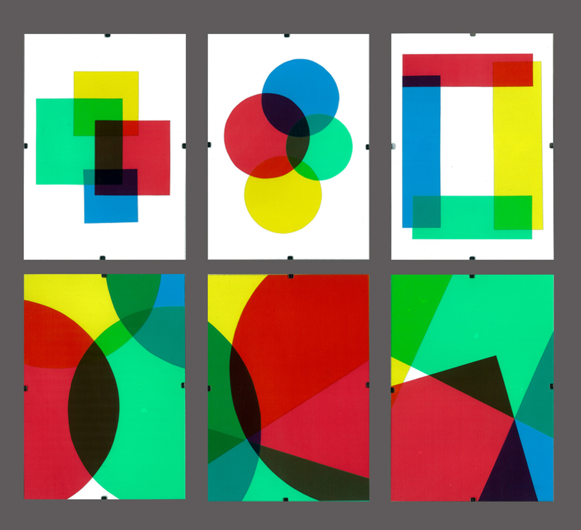  Sześć kompozycji barwnych stworzonych przy pomocy kolażu z kolorowej pół transparentnej folii.