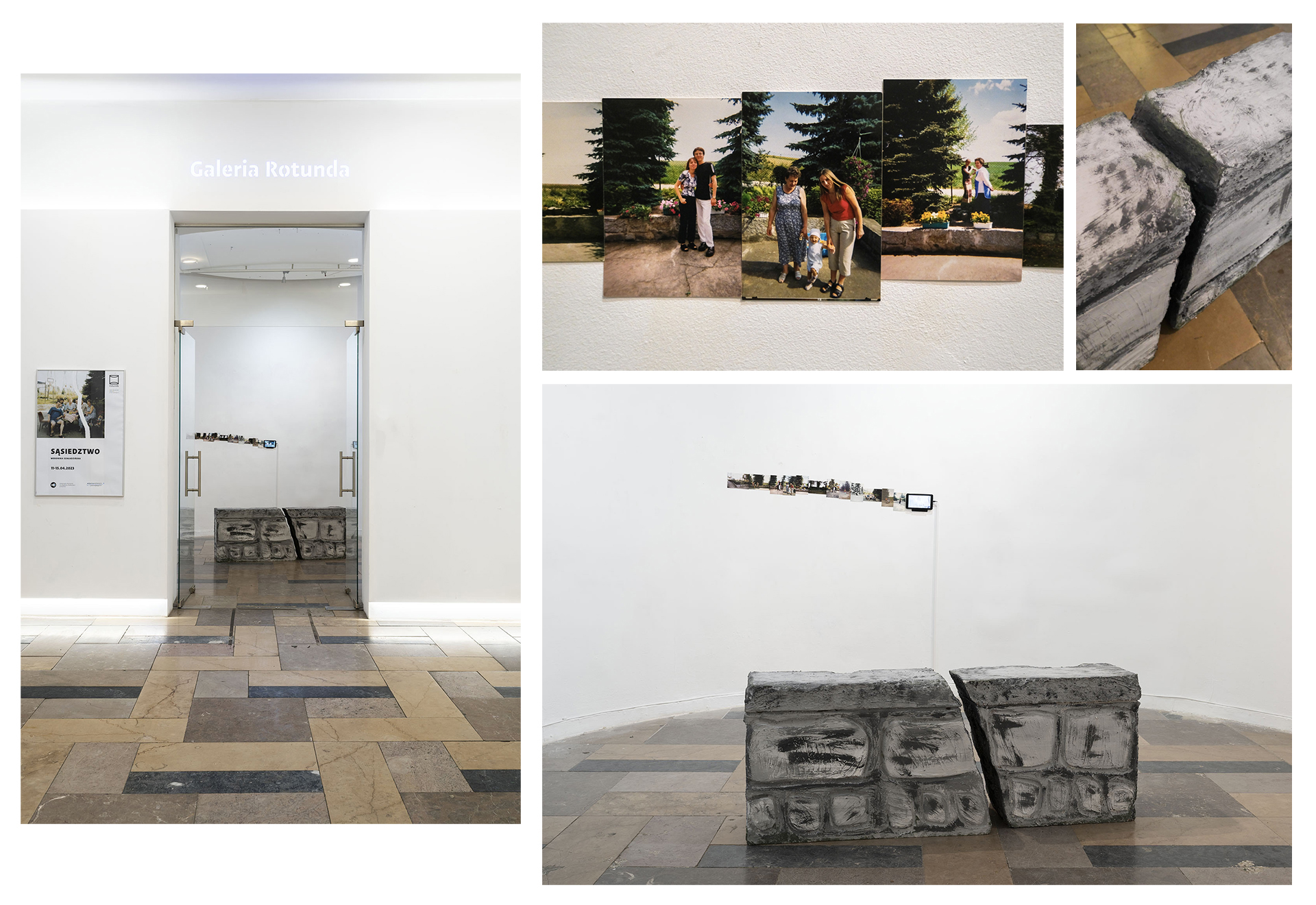 kompozycja z 4 fotografii przedstawiających dokumentację wystawy w galerii, ogólny plan z wejściem do galerii, zbliżenie na fotografie rodzinne, zbliżenie na obiekt rzeźbiarski-pęknięty mur, ogólny plan przedstawiający całość instalacji z pękniętym murem na pierwszym planie.