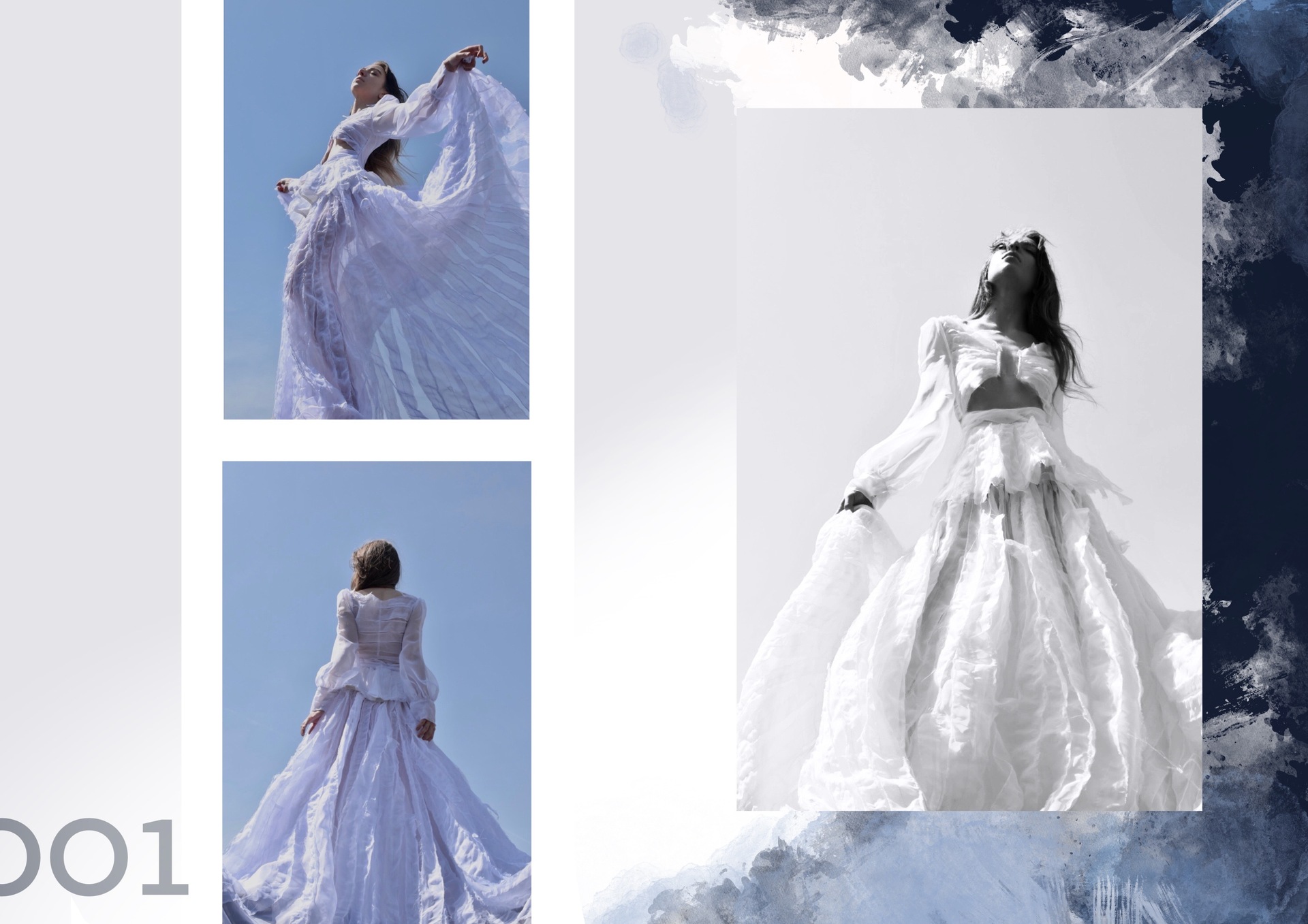 Trzy zdjęcia przedstawiające dziewczynę w długiej, białej sukni na tle nieba