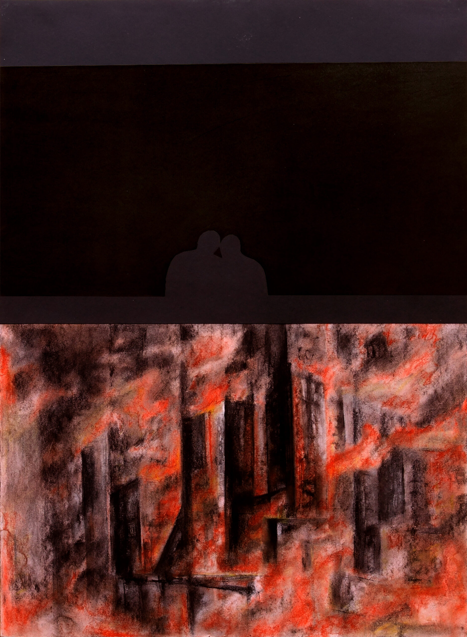 8. Tekst alternatywny: Kadr obrazu dzieli się na dwie  równe, poziome części. Górna część przedstawia czarny poziomy pas, na którym widać dwa kształty mogące przypominać ludzkie postacie. Dolna część może przypominać płonące miasto.