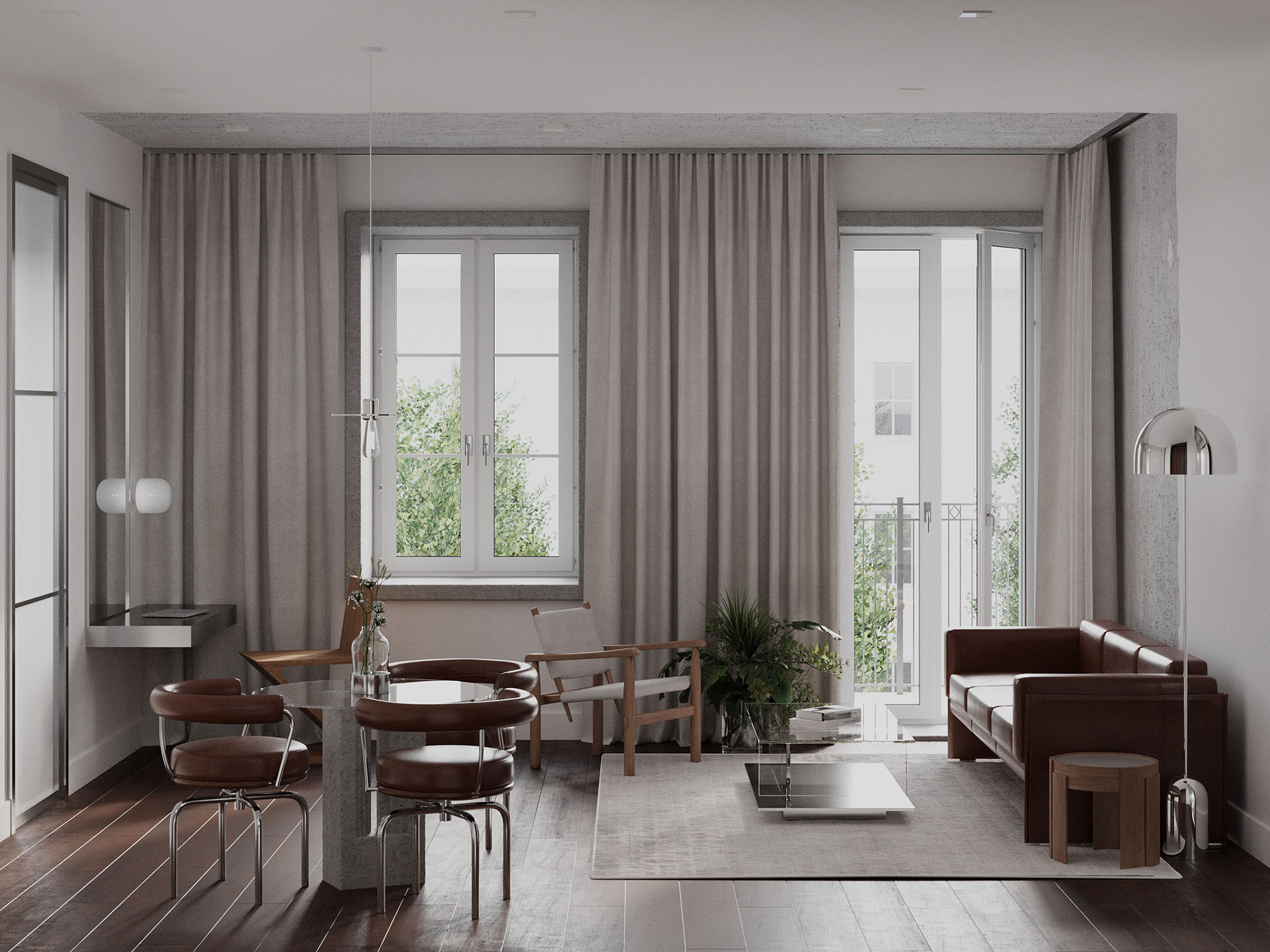 Wizualizacja wnętrza mieszkalnego - biel i metal połączona z ciepłą ciemną stolarką i skórzanymi meblami