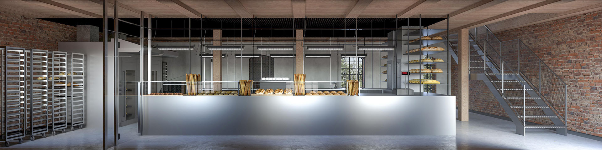 Wizualizacja wnętrza gastronomicznego - połączenie cegły i stolarki z bielą i elementami stalowymi.