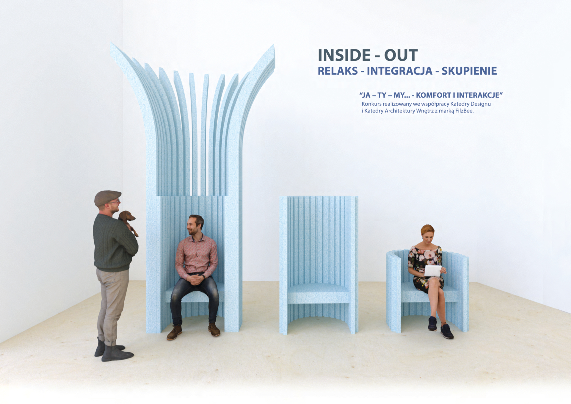 Projekt koncepcyjny systemu siedzisk wykonanych z filcu – komputerowa wizualizacja barwnego widoku perspektywicznego, ukazującego przestrzeń zaaranżowanego wnętrza z punktu widzenia jej uczestnika.