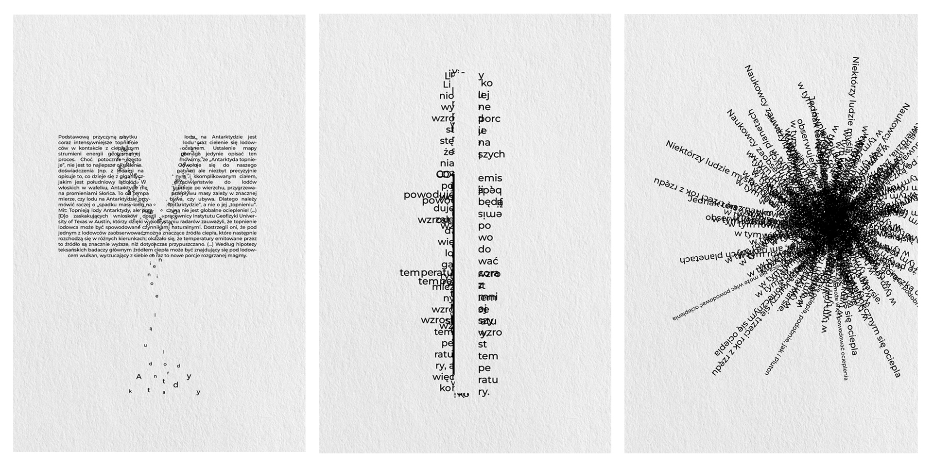Tryptyk grafik na białym tle wypełnionych abstrakcyjnymi kompozycjami o różnych kształtach zbudowanymi z liter, słów i zdań.