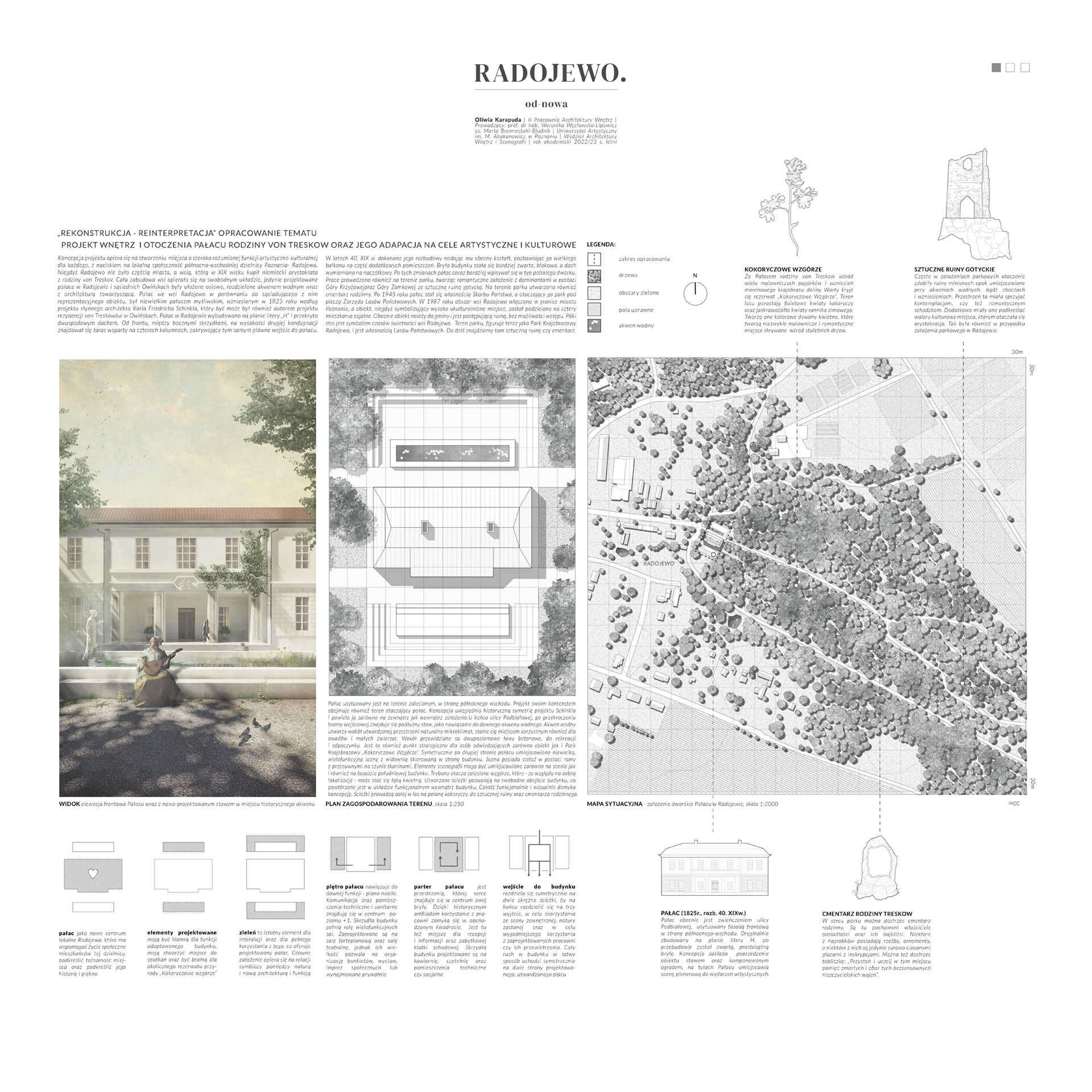 Plansza zawierająca opis ideowy projektu dotyczącego adaptacji pałacu w Radojewie na cele kulturowe. Plansza przedstawia plan zagospodarowania terenu, mapę sytuacyjną oraz wizualizację przedstawiającą elewację frontową pałacu.  