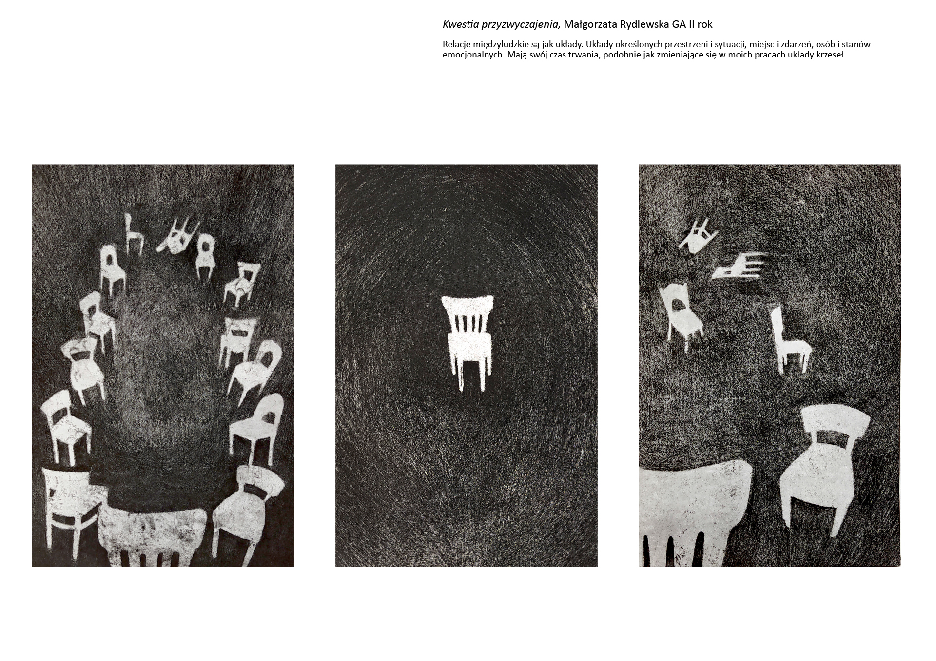  Tytuł: Kwestia przyzwyczajenia . Autorka: Małgorzata Rydlewska. Kompozycja trzech grafik w czerni i bieli z różnymi krzesłami. 