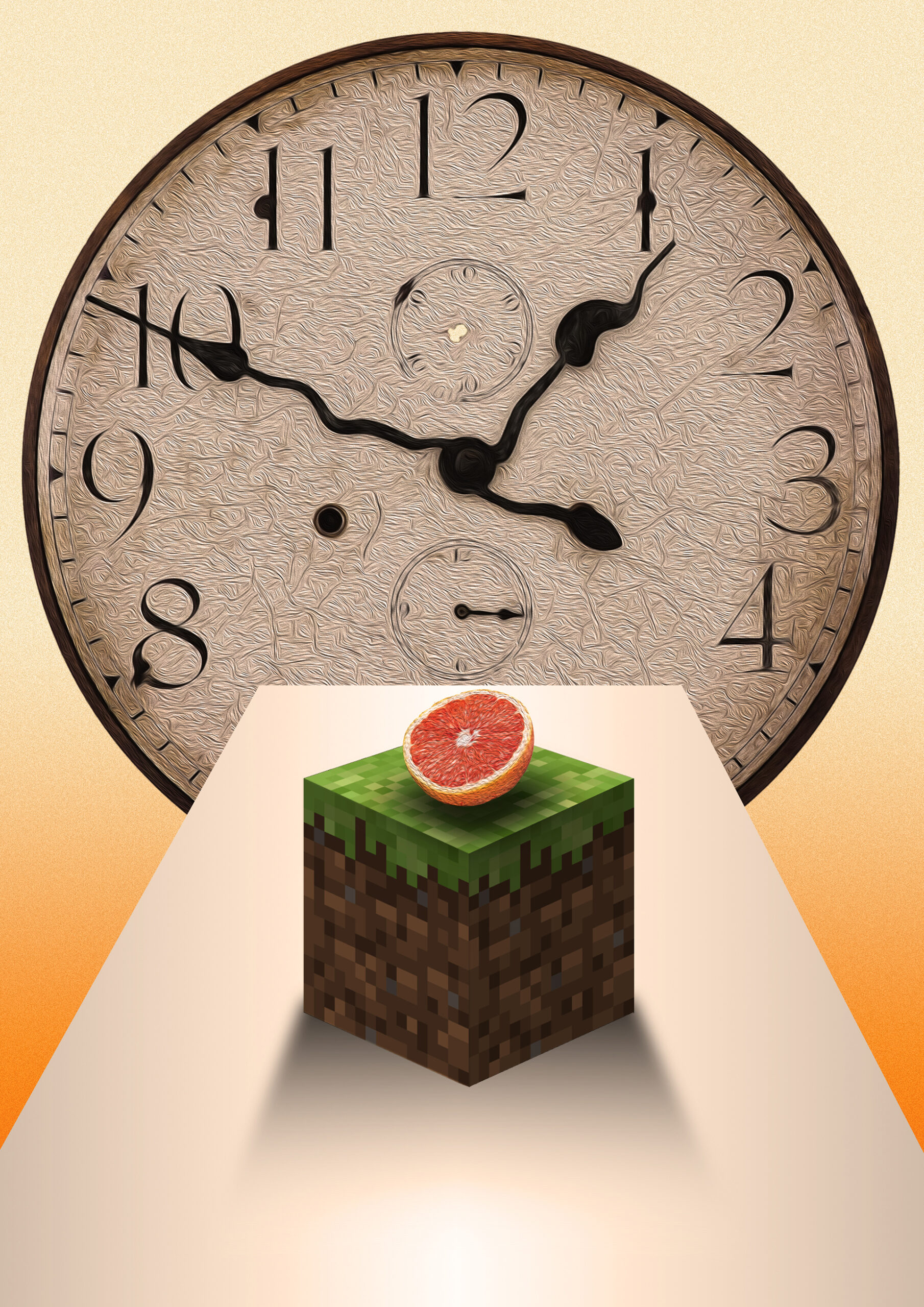 Jakub Laskowski, Słodko-gorzkie. Grafika przedstawia duży zegar. Na stole znajduje się klocek z Minecraft, na którym jest grejpfrut.