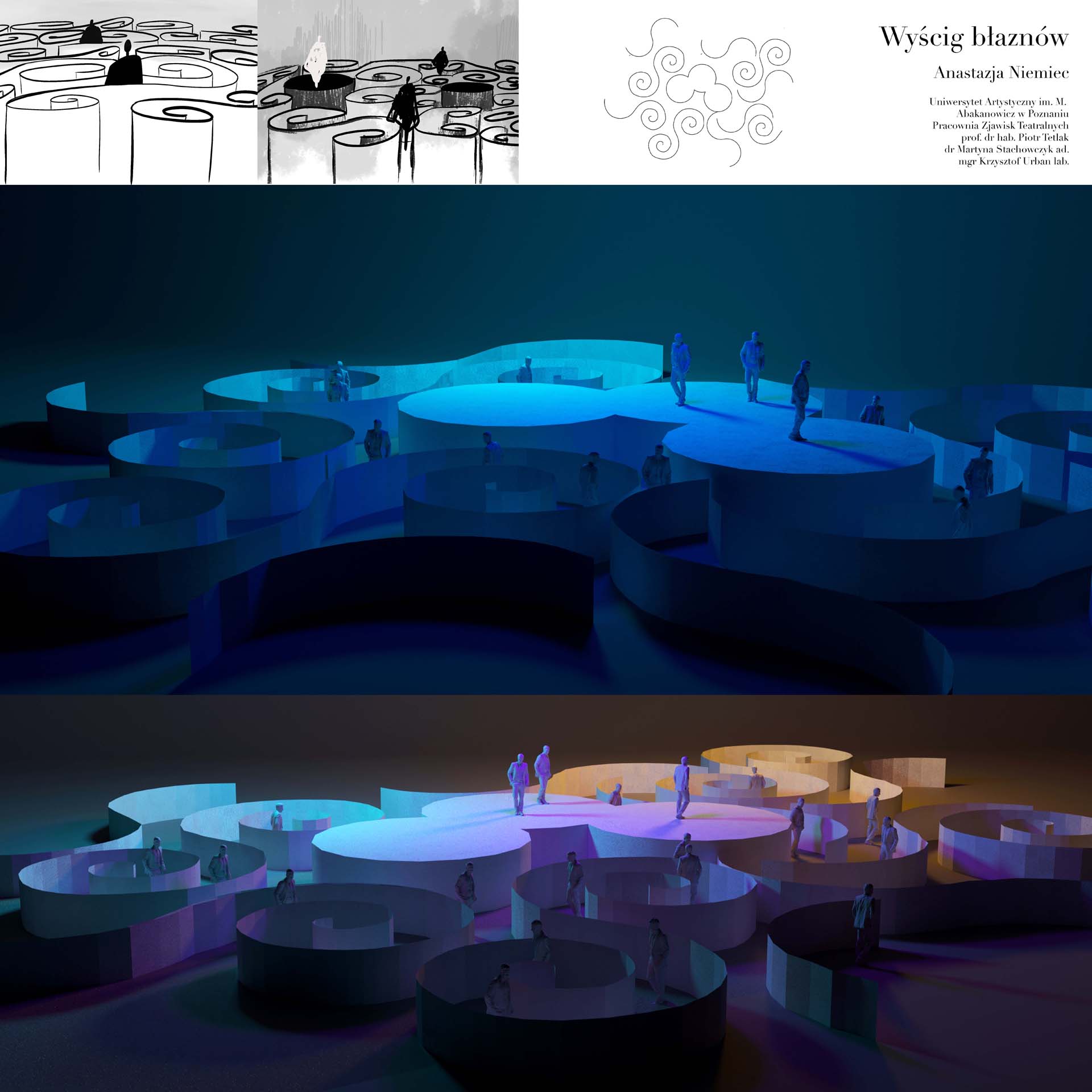 Plansza prezentuje projekt przestrzeni zbudowanej ze zmultiplkowanych obiektów w kształcie litery S tworzących labirynt wokół okrągłej sceny dla muzyków. Na planszy , w górnej części znajdują się trzy niewielkie szkice, nazwisko autora, tytuł, nazwa pracowni i dwie duże wizualizacje, w których dominuje kolor niebieski