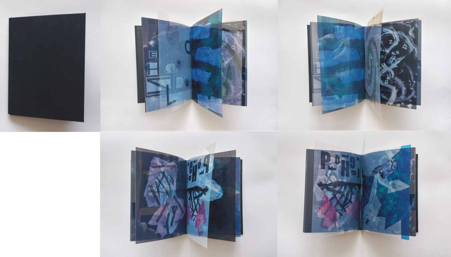 Unikatowa książka artystyczna, okładka czarna, płócienna, twarda, strony – folia przezroczysta zadrukowana motywami graficznymi i literniczymi  