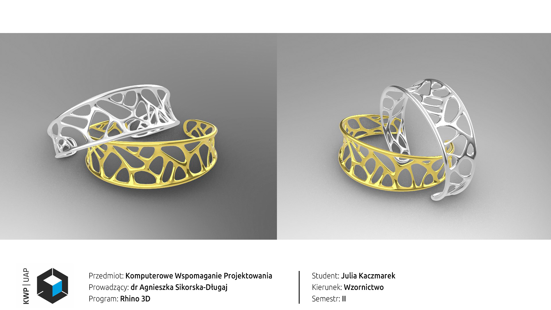 Rendery z programu Rhino 3D. Model pierścionka o organicznych kształtach w dwóch wersjach kolorystycznych: złotej i srebrnej. Tło biało-szary gradient.