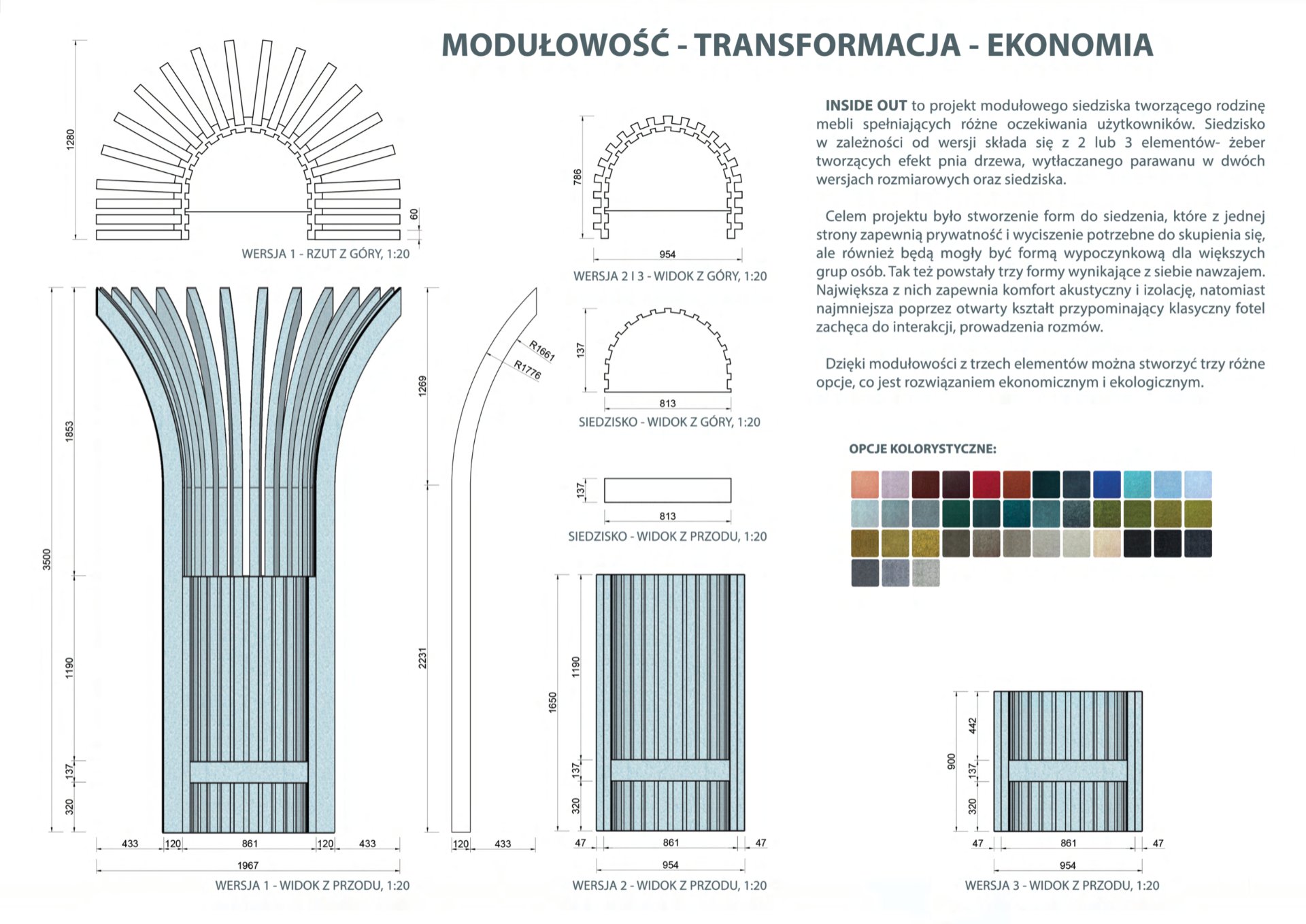 Projekt koncepcyjny systemu siedzisk wykonanych z filcu – systematyka elementów w formie rysunków technicznych (rzuty i wzornik opcji kolorystycznych).