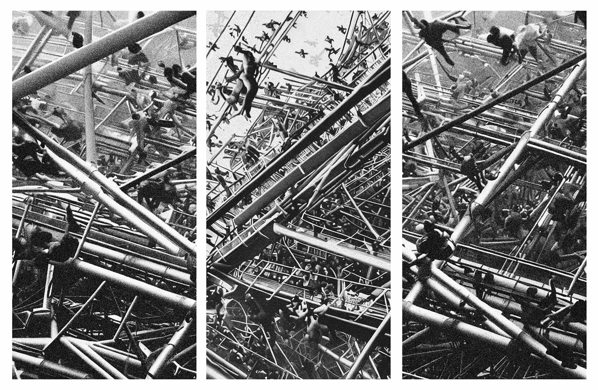 Zdjęcie przedstawiające trzy czarno-białe prace wykonane techniką druku cyfrowego przedstawiające skomplikowane konstrukcje