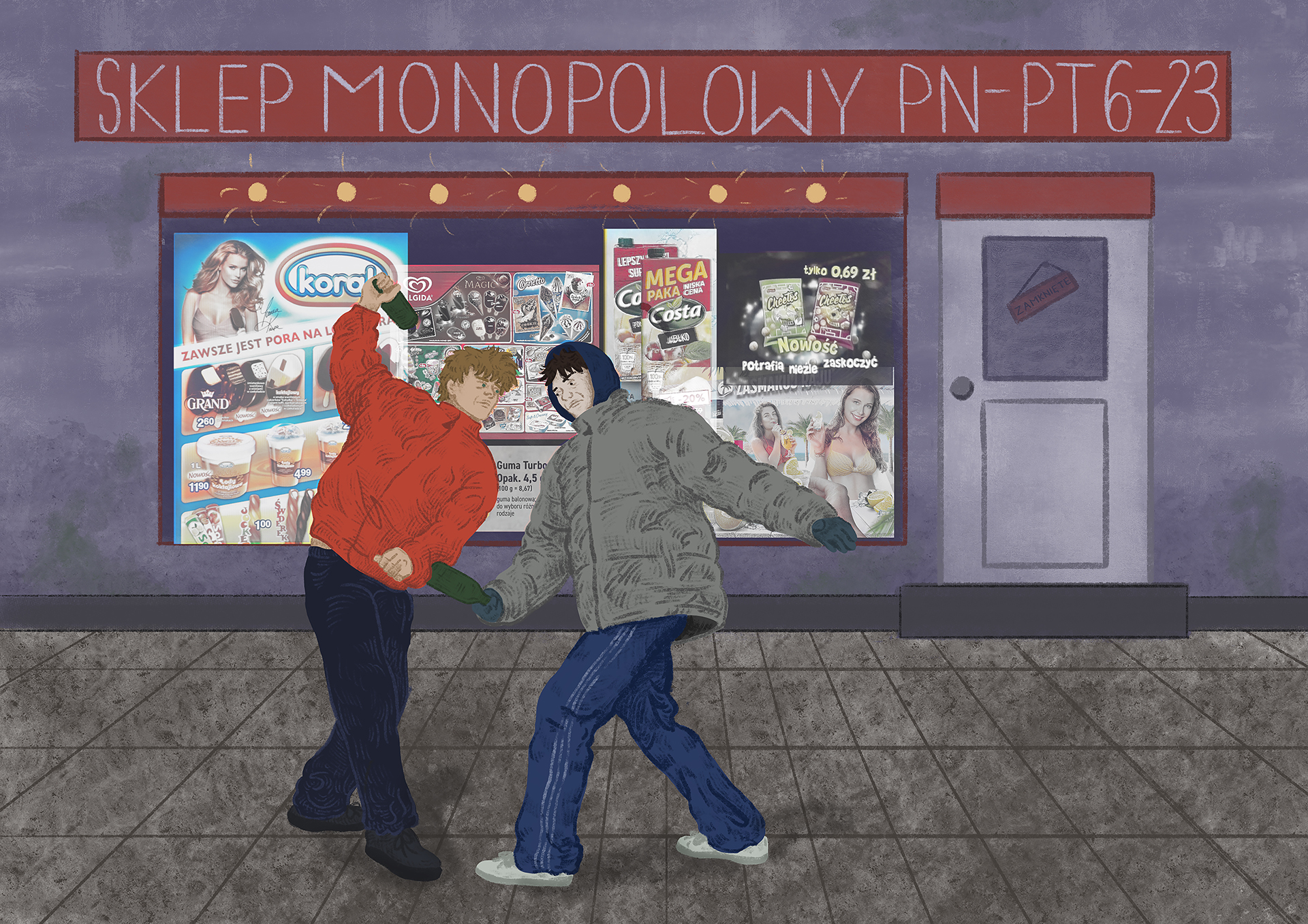 Julia Kuniniec, Styl polski. Grafika przedstawia dwóch chłopców, który mają w dłoniach butelki, a za nimi jest sklep monopolowy.