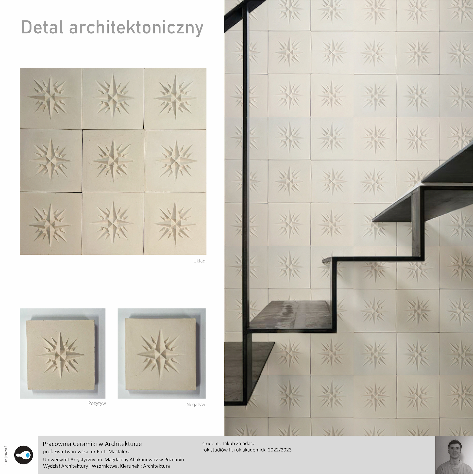 Opis alternatywny: Detal architektoniczny – Plansza przedstawia wizualizację z detalem architektonicznym. Wizualizacja prezentuje całą ścianę z detalami oraz schody. Dużą rolę odgrywa gra światłocieni.