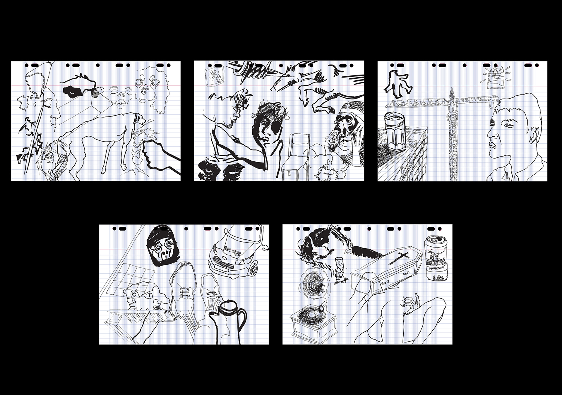 Na czarnym tle widnieje pięć poziomych rysunków, wykonanych na kartce w cienką podłużną kratkę, przystosowaną do segregatorów lub skoroszytów. Jest to zbiór różnych momentów z życia autora. 
