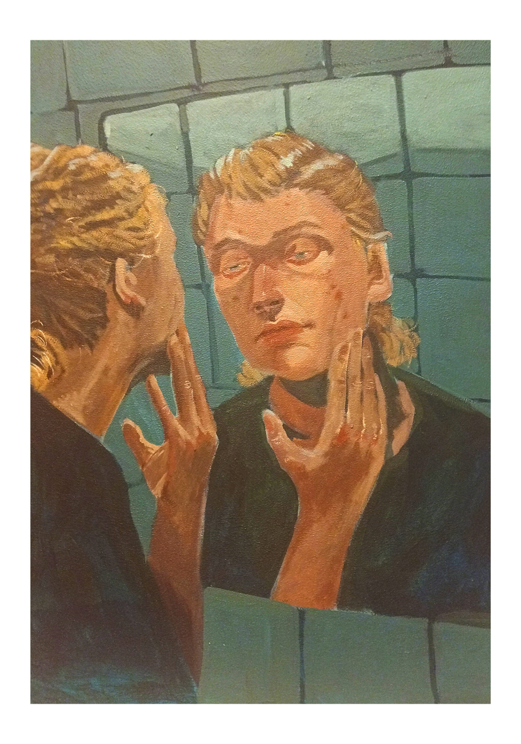 Zdjęcie pionowego obrazu z postacią odbijającą się w lustrze. 