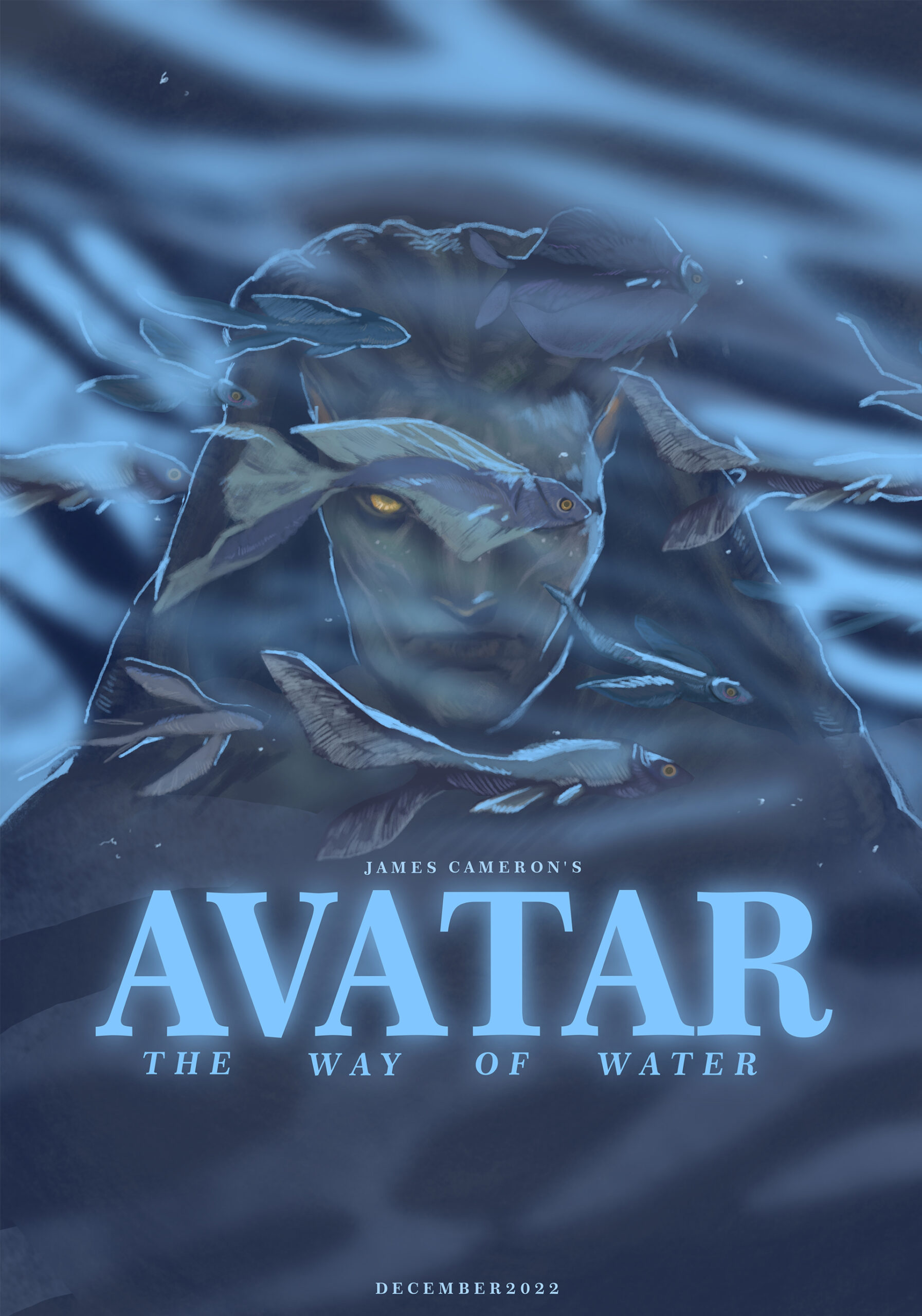 Plakat filmowy w błękitach. Przedstawiający postać Avatara z filmu oraz ryby w kompozycji horyzontalnej.
