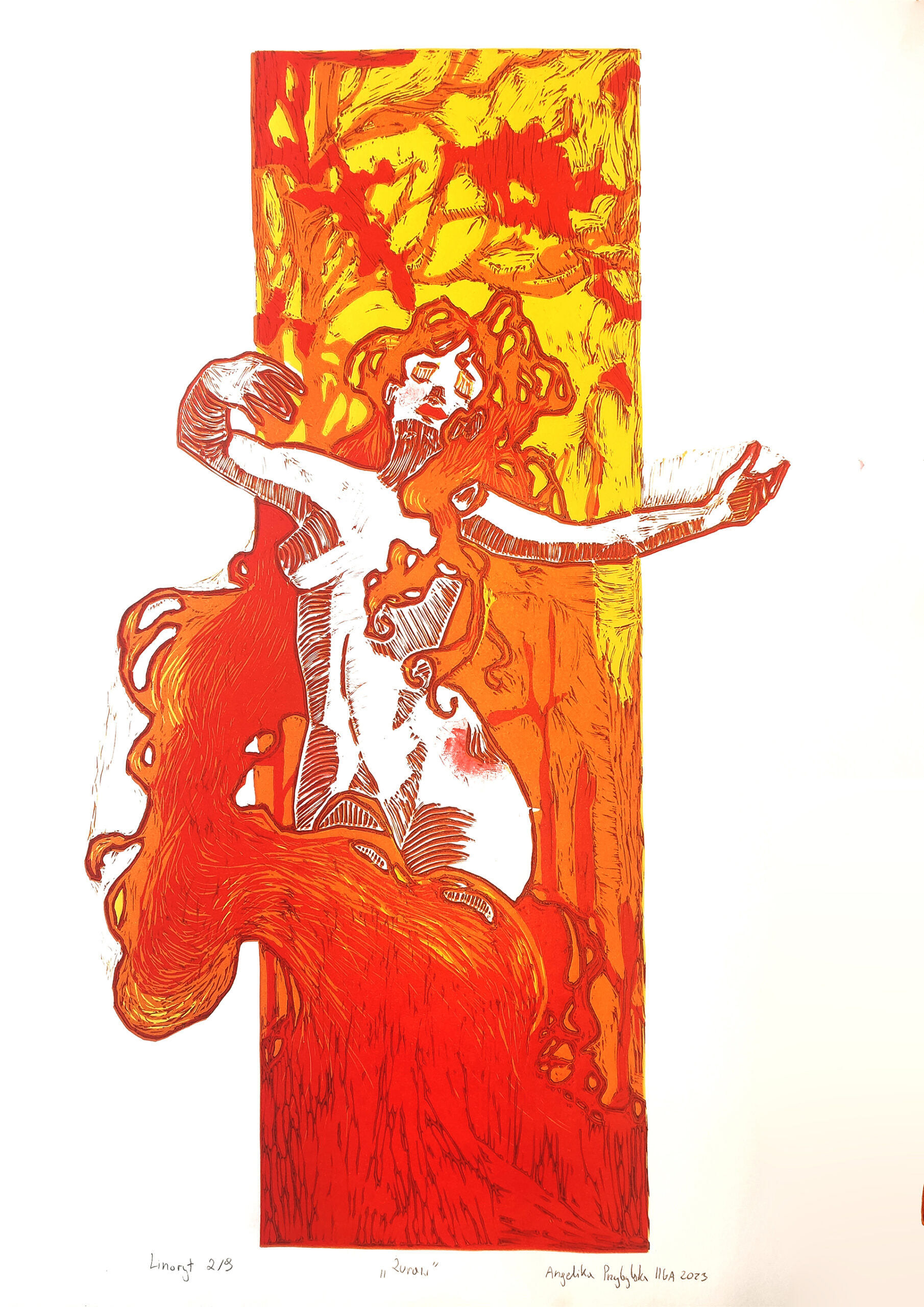 Fotografia przedstawia wielobarwny linoryt tańczącej kobiety.