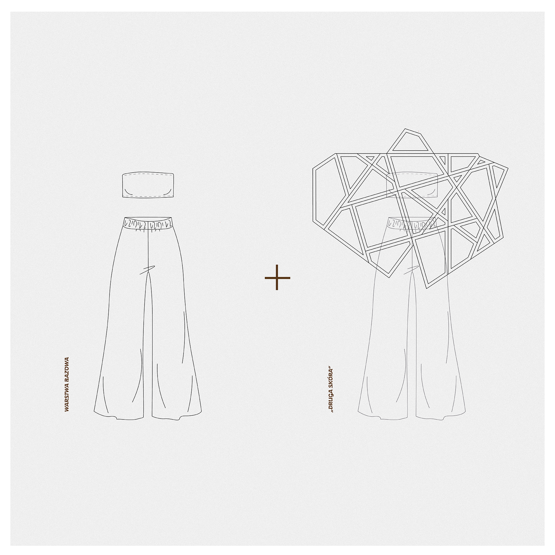Dwa rysunki techniczne ubioru. Zestaw top i spodnie oraz zestaw top, spodnie, geometryczna forma na górze sylwetki
