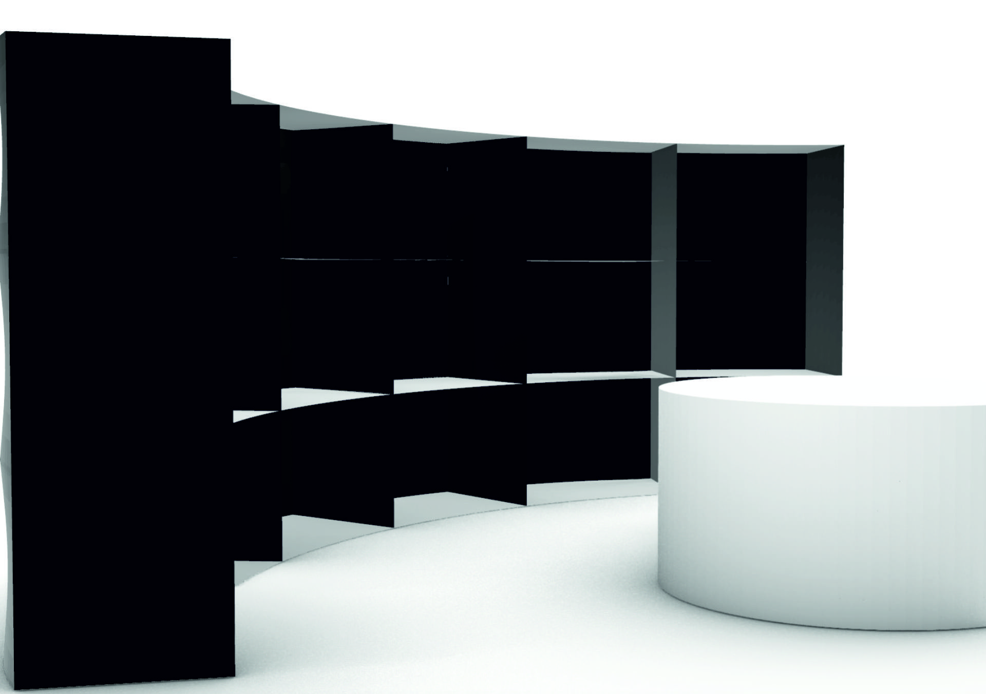 Półokrągła czarna konstrukcja z trzema poziomami. Każdy poziom podzielony pionowymi ścianami na małe pokoje. Z przodu biała, okrągła forma bedąca przestrzenią dla widowni.