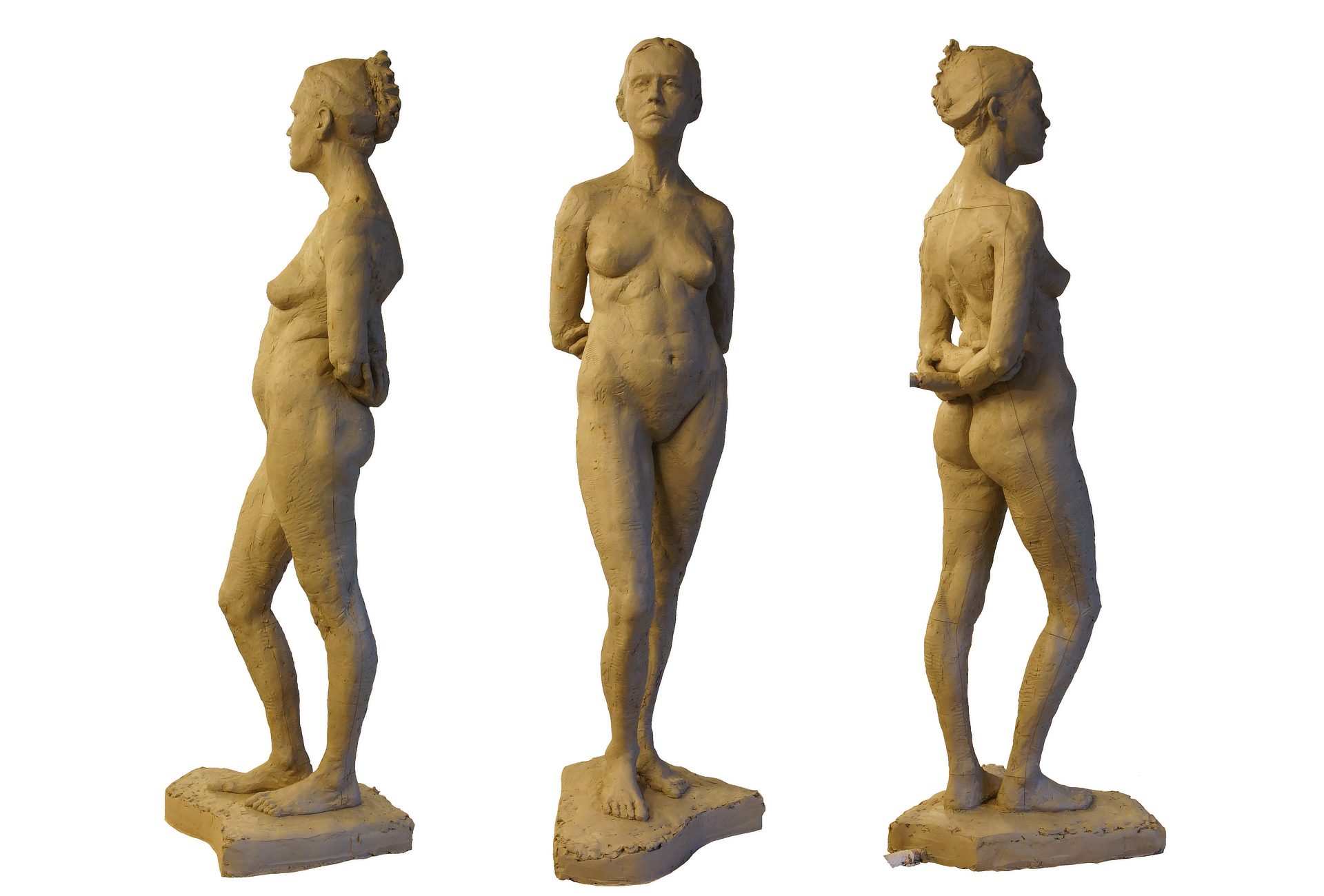 Zdjęcie przedstawia rzeźbę stojącej w kontrapoście nagiej młodej kobiety. Twarz postaci jest lekko skręcona w prawą stronę, włosy są spięte w kok z tyłu głowy, ręce schowane są za plecami, ciężar ciała rozłożony jest na lewej nodze. Pod stopami znajduje się podstawa o kształcie przypominającym wieko fortepianu. Rzeźba przedstawiona została z trzech perspektyw: lewy profil, en face oraz prawy profil.