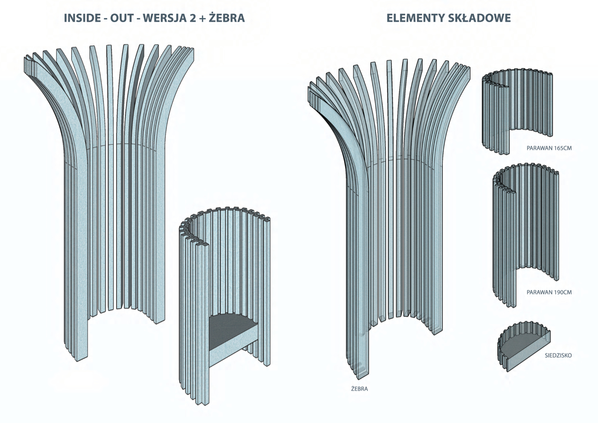 Projekt koncepcyjny systemu siedzisk wykonanych z filcu – systematyka elementów w formie rysunków technicznych (aksonometrie).