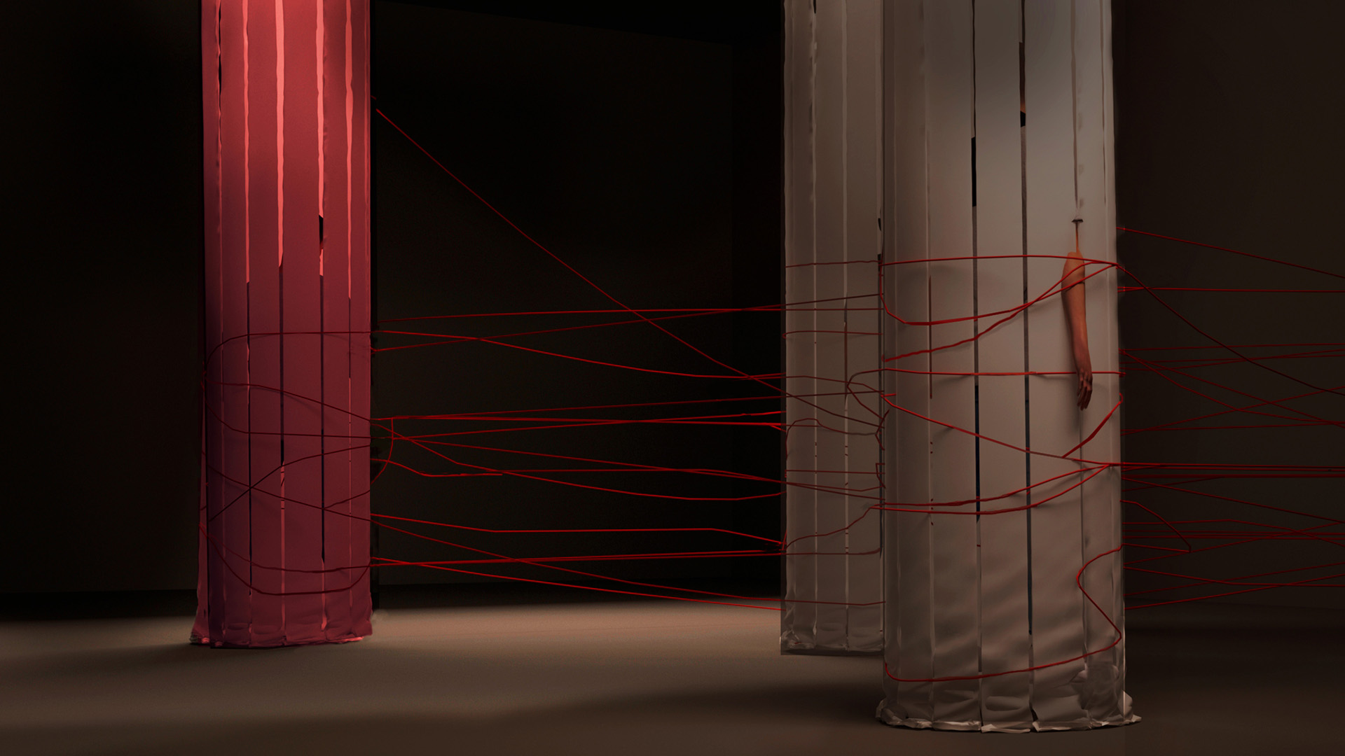 Wizualizacja scenografii ukazująca projekt z pracowni kierunkowej. Obraz przedstawia zawieszone w przestrzeni tuby wykonane z materiału, pomiędzy którymi wije się poplątana czerwona nić