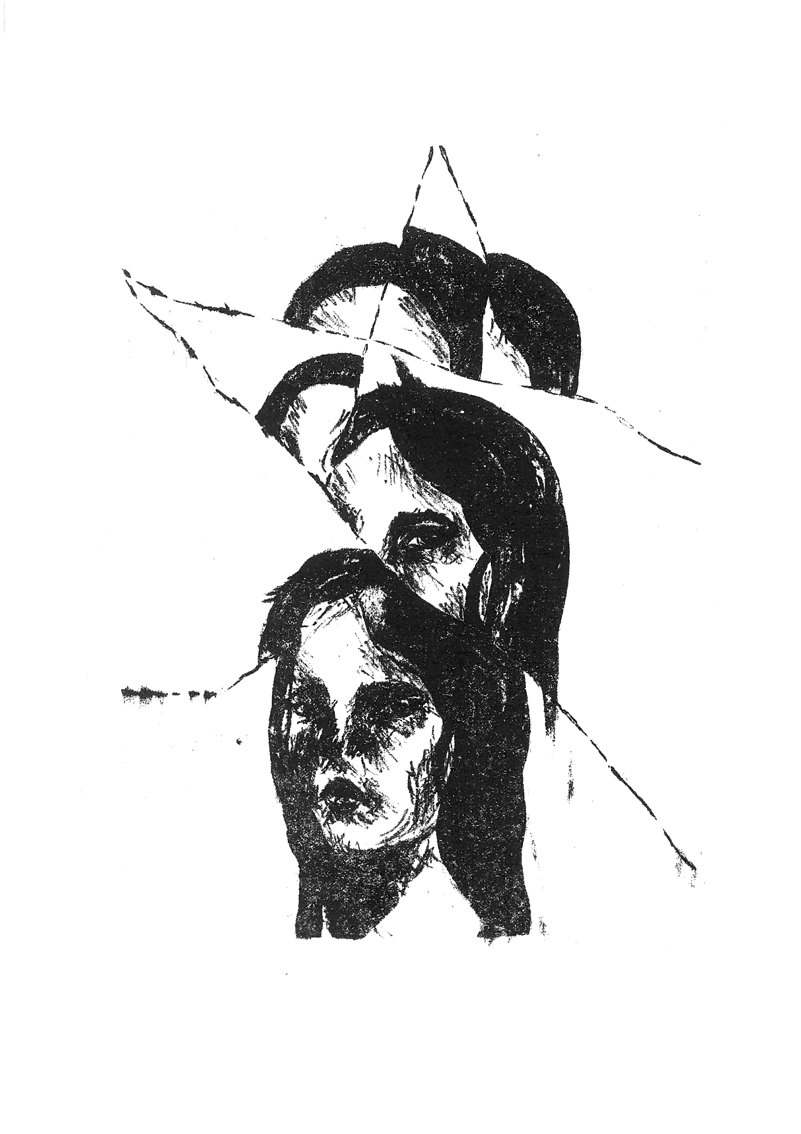 Grafika przedstawia portret, głowę podzieloną fragmentami na parę częśc